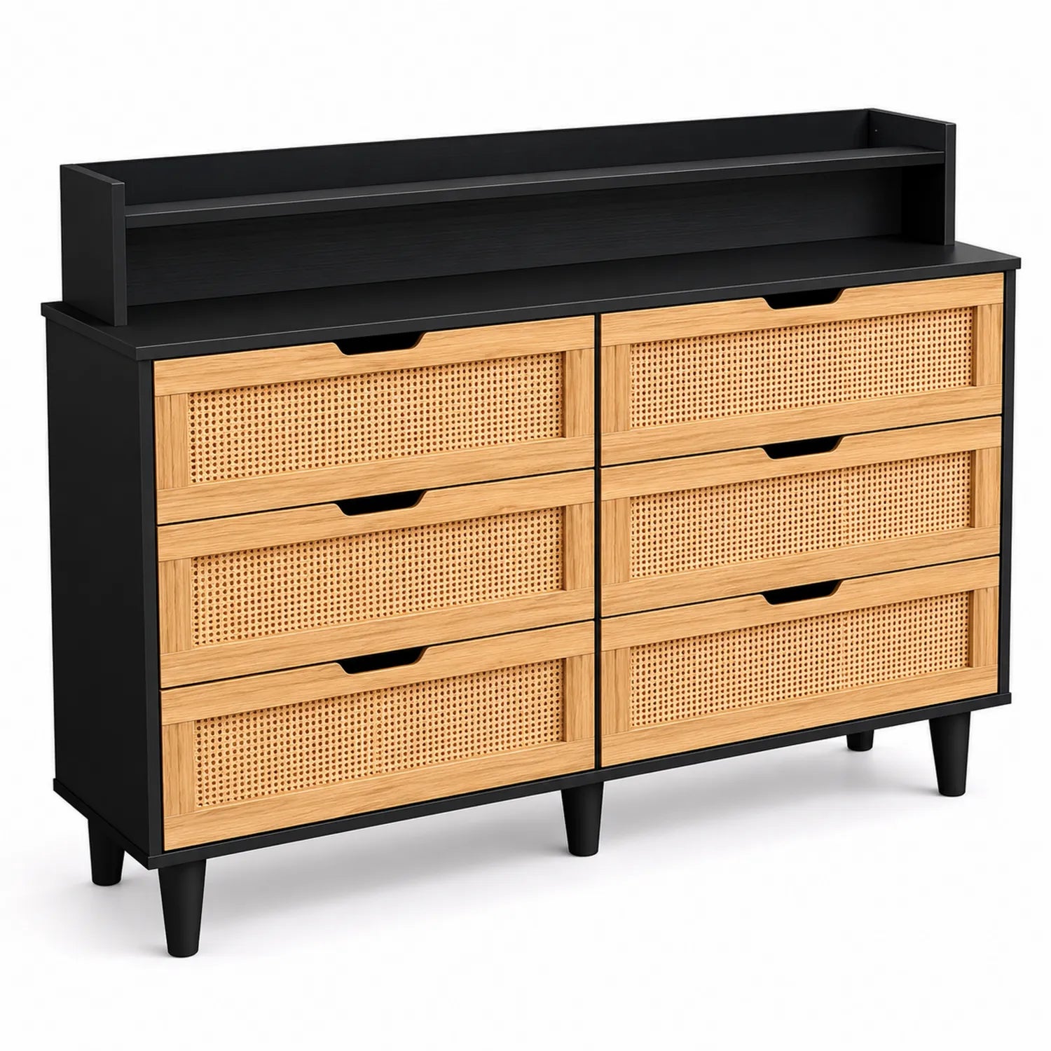Kommode mit Rattanfronten und 6 Schubladen, Holz und Metall, Schwarz/Natur