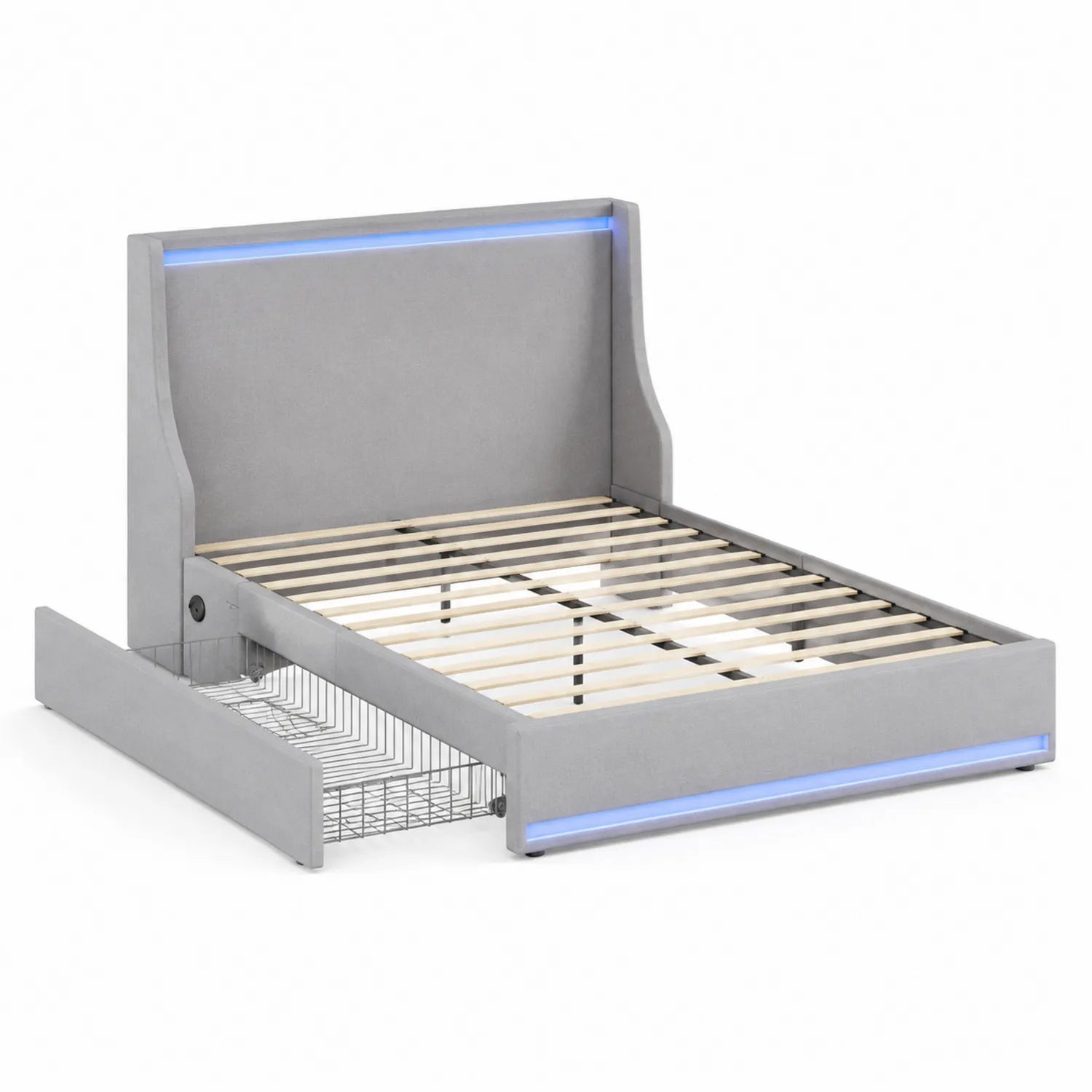 Graues Holzrahmenbett mit LED und Stauraum 200x140 cm