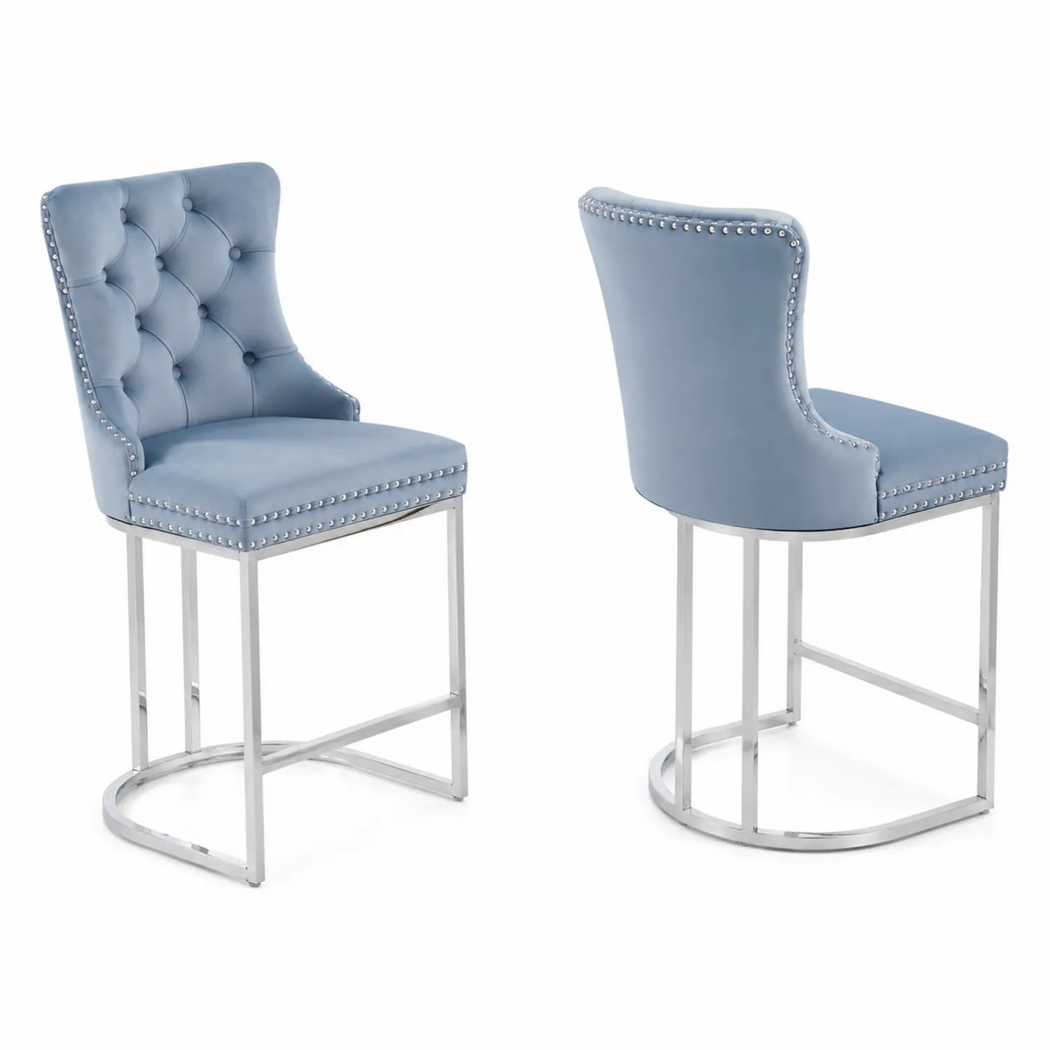 Barhocker aus Samt mit Edelstahlrahmen, Blau