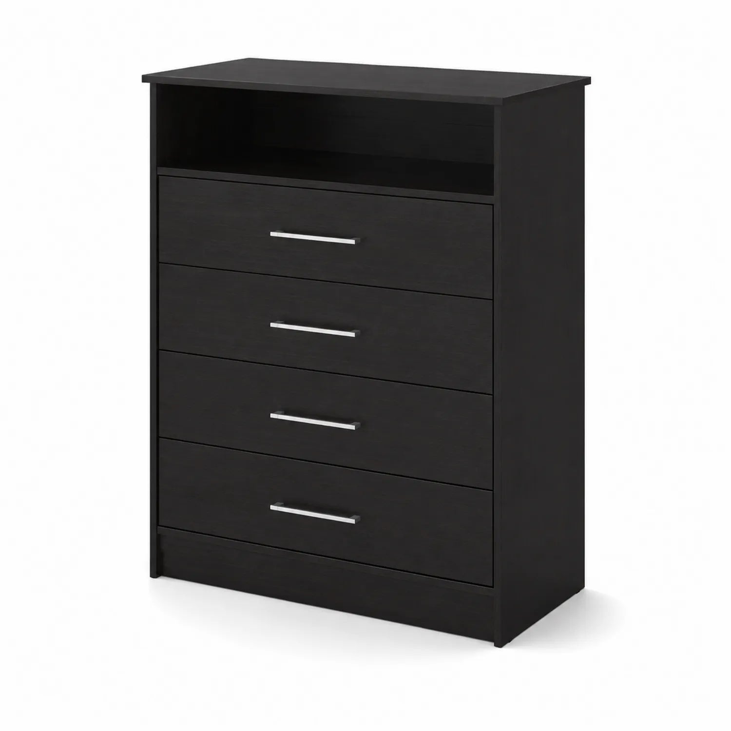 Schwarze Holzkommode mit 4 Schubladen und Metallgriffen