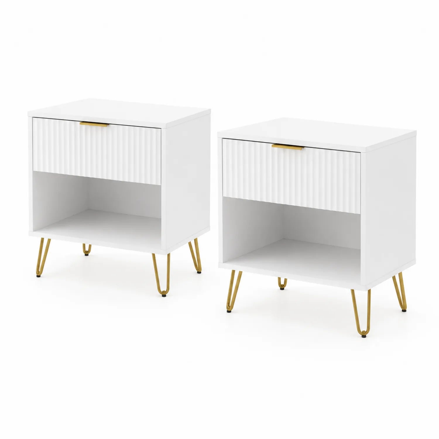2er Set Nachttische aus MDF mit Metallbeinen in Weiß und Gold
