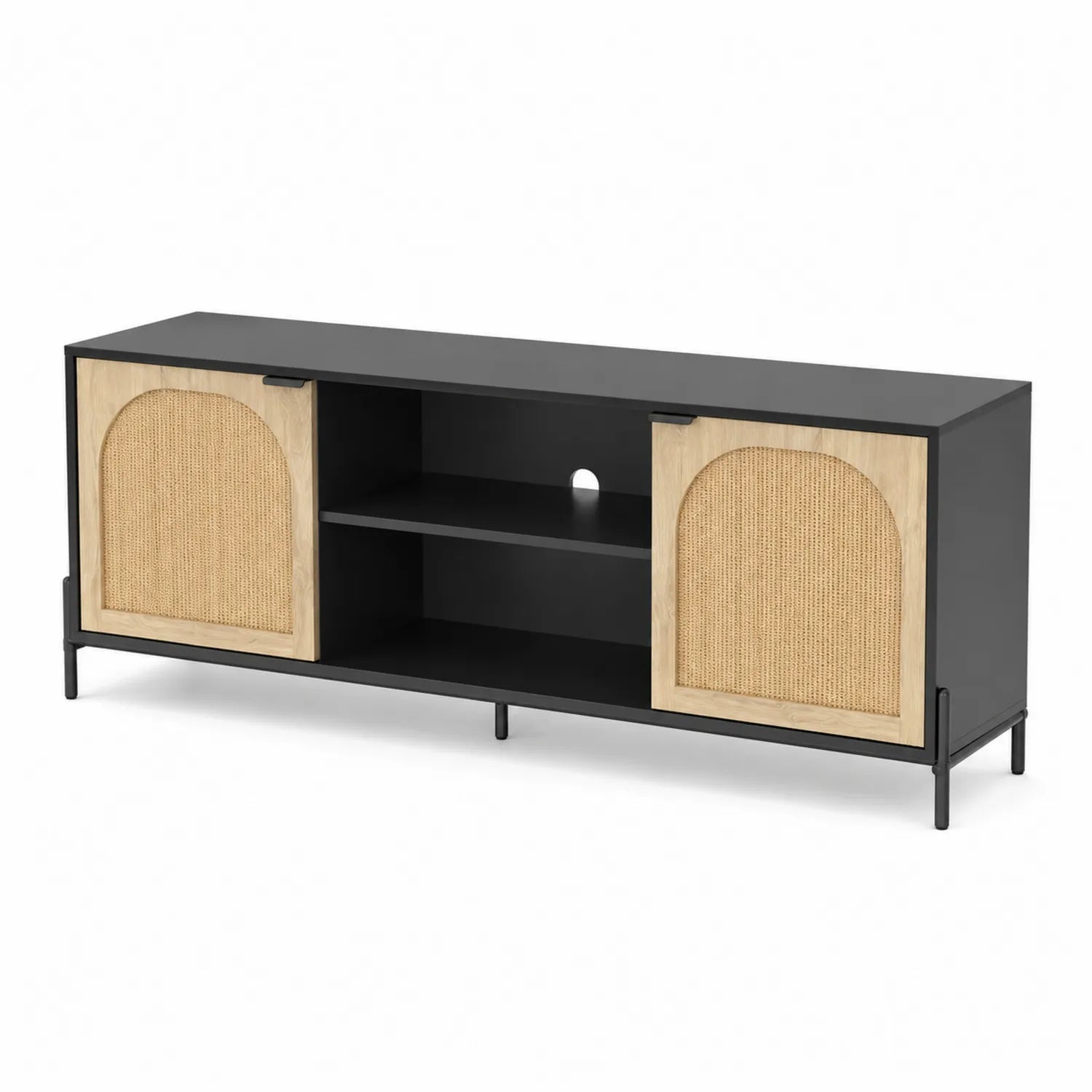 TV-Möbel aus Metall mit Rattan-Türen 150x40x55cm Schwarz/Natur