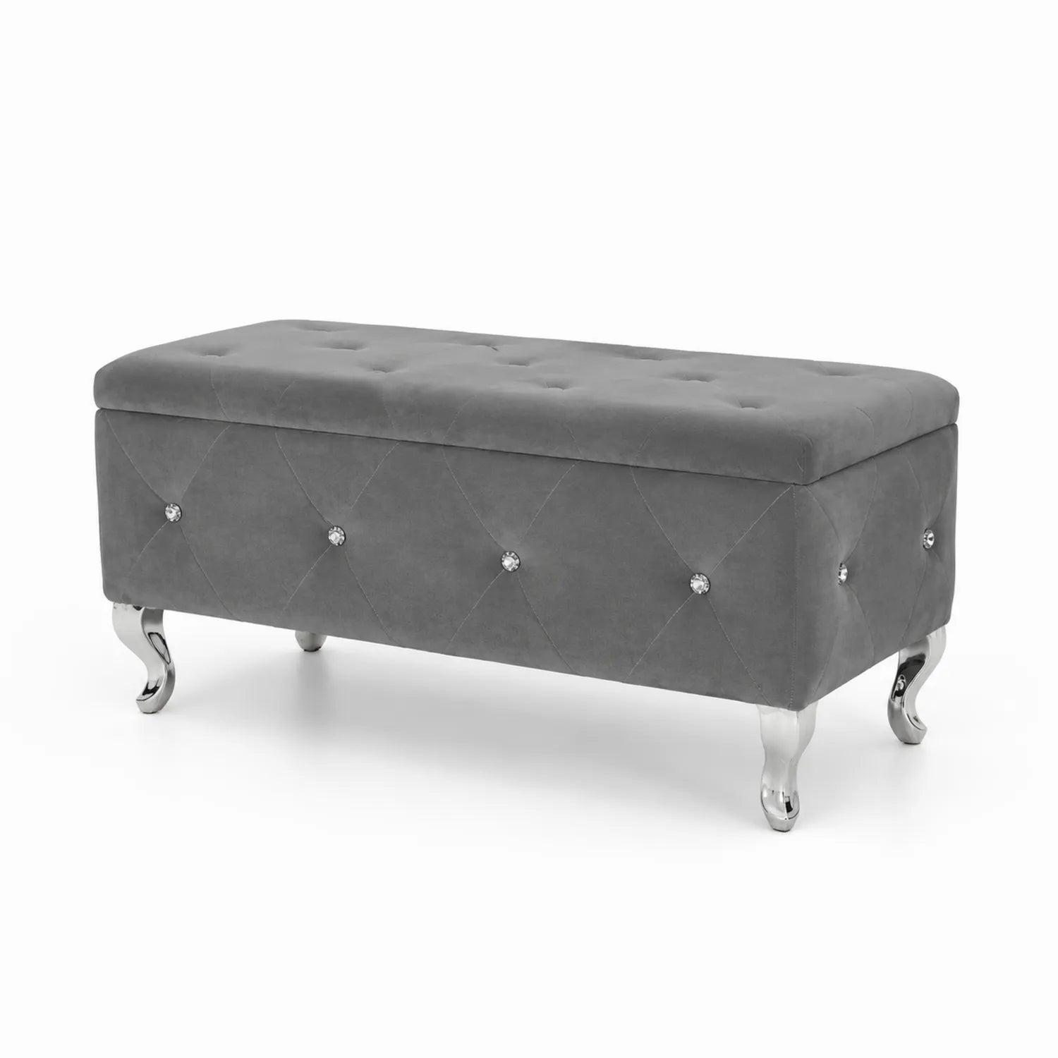 Gepolsterte Bank mit Stauraum aus Samt mit Chrombeinen Grau 120x45x48cm