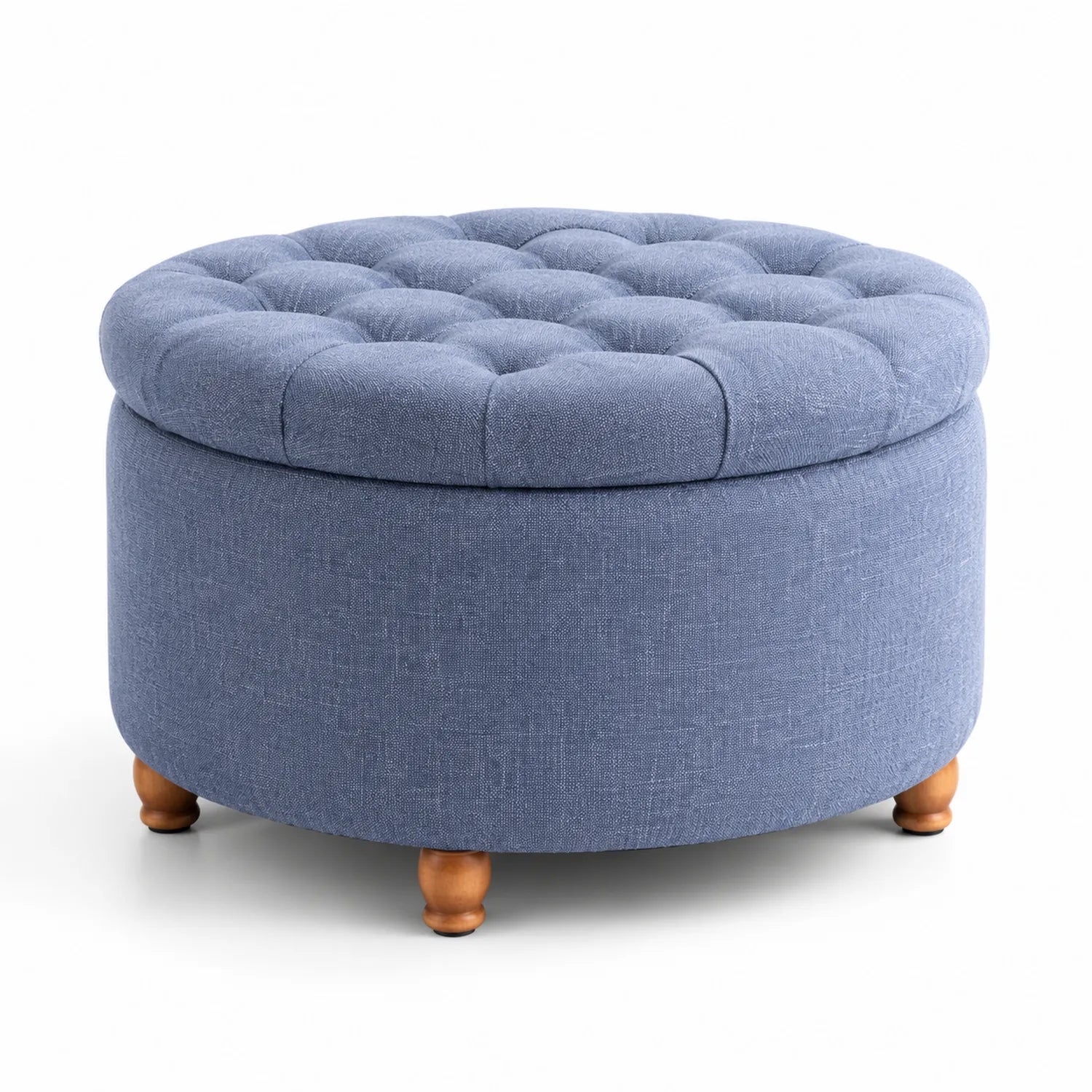 Runder Hocker aus Polyester mit Stauraum und Holzfüßen Blau