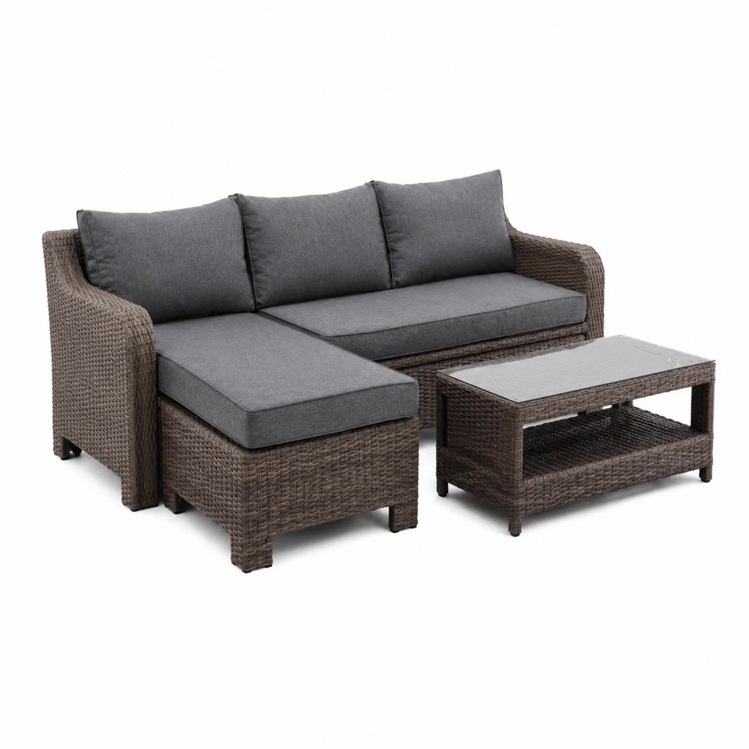 Outdoor Rattan Ecksofa Set mit Glas Couchtisch Polyester Grau