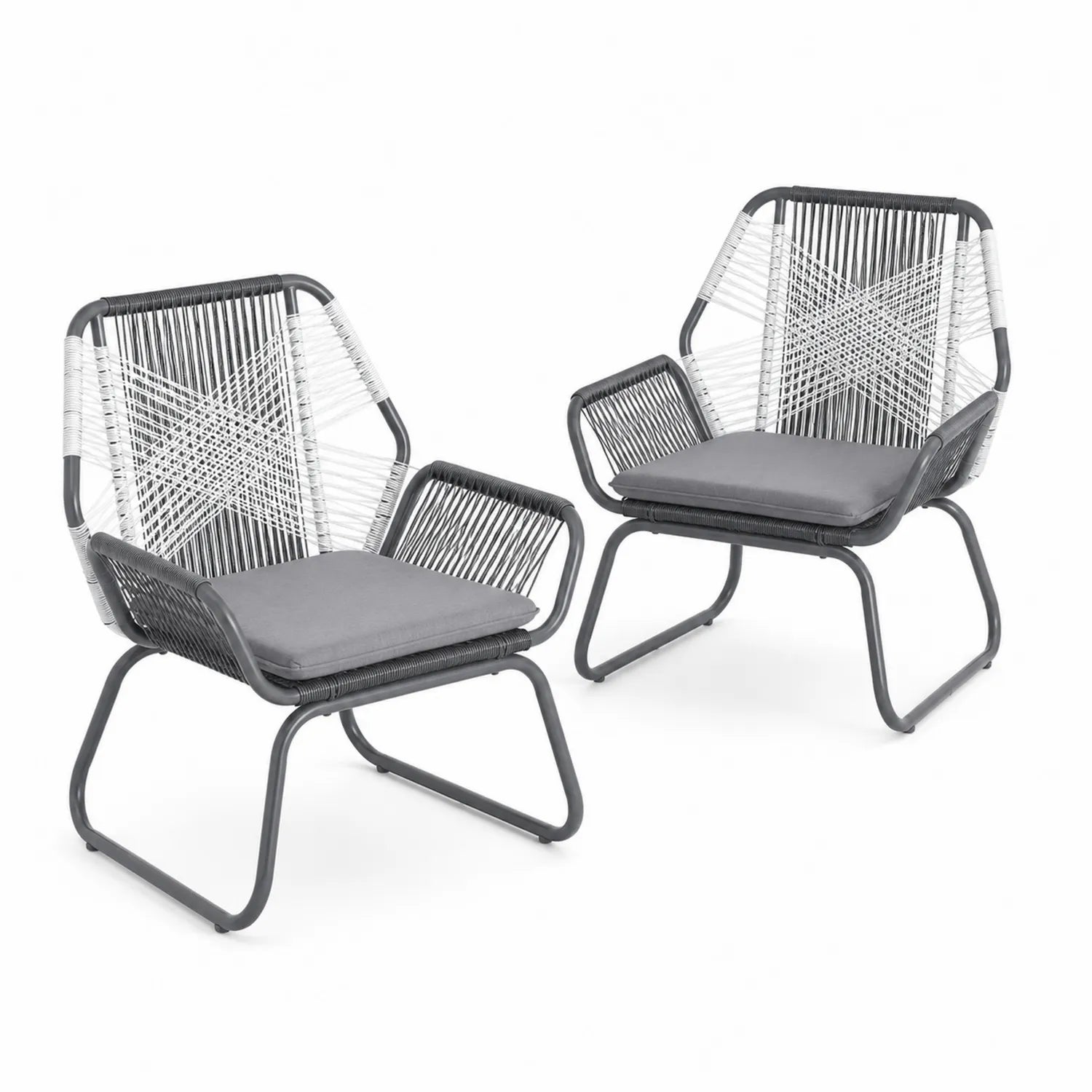 2er-Set Outdoor-Stühle Metallrahmen Seilbespannung Grau/Weiß