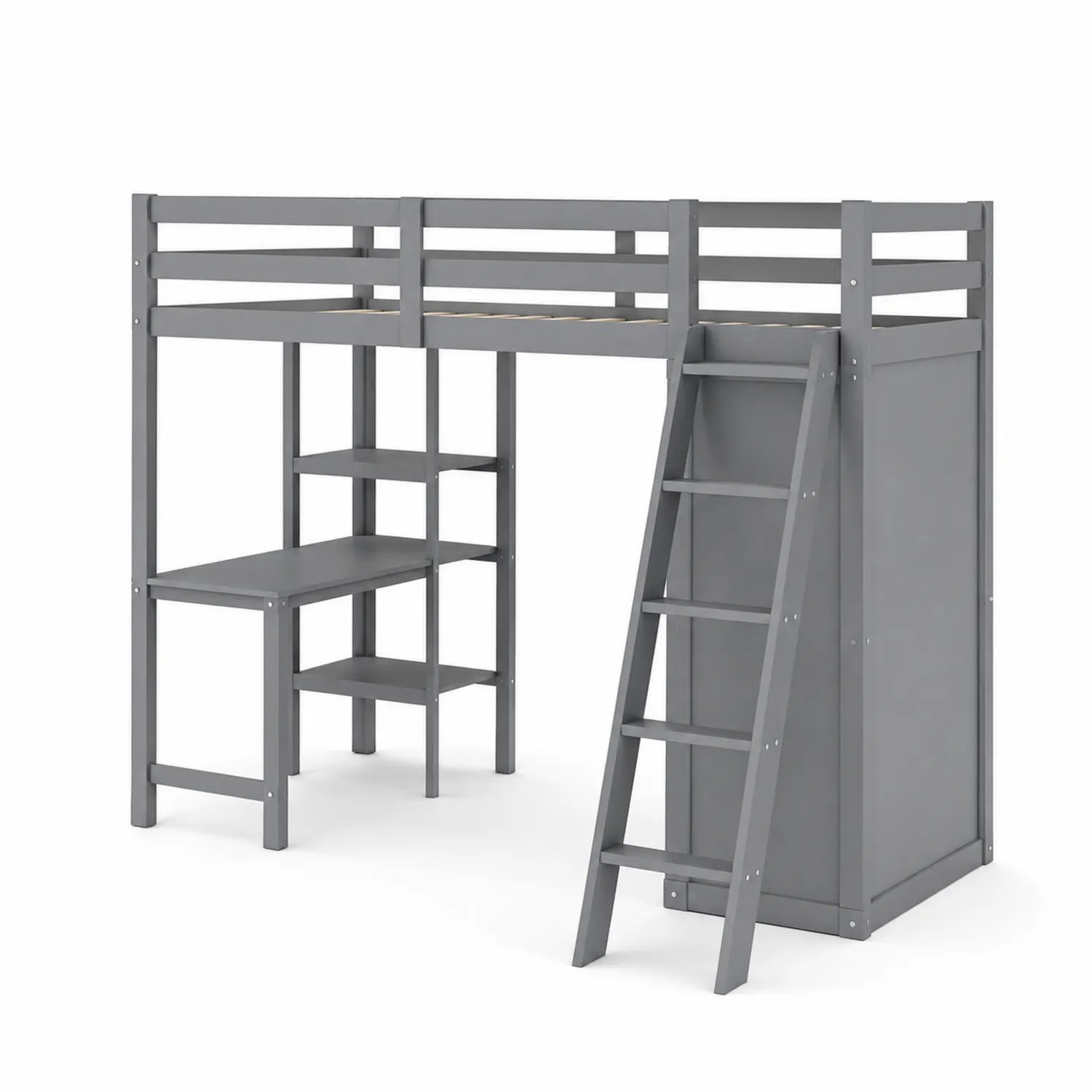 Hochbett mit Leiter und Schreibtisch aus MDF und Kiefernholz, Grau