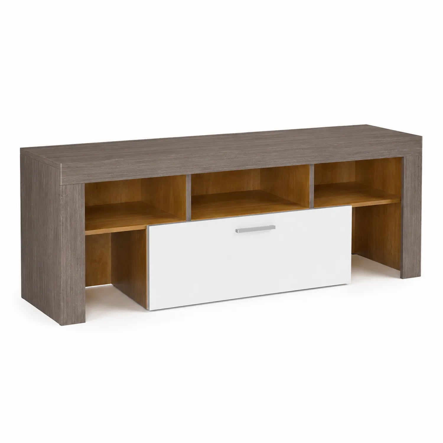 TV-Möbel mit Schublade und offenen Fächern aus Holzverbundwerkstoff, Grau/Braun/Weiß, 120x40x45cm
