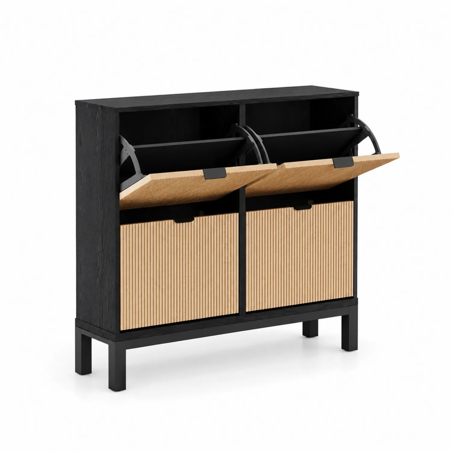 Schuhschrank mit 2 Klappen MDF und Metall Schwarz/Natur 80x100x30 cm