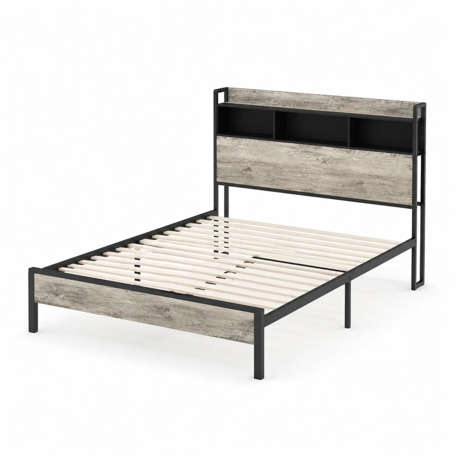 Metallbett mit Holzoptik Kopfteil und Regal 140x200 cm Schwarz/Grau