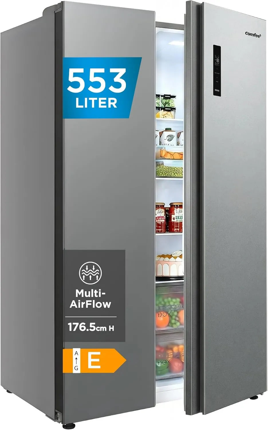 Comfee’ Side-by-Side Kühl-Gefrierkombination 553L | No Frost, 35dB, Multi-Air-Flow | Platinum Fresh Technologie, Sensor & SuperCool Funktion | Titan-Grau, Modell RCS536LS01EU(E)
