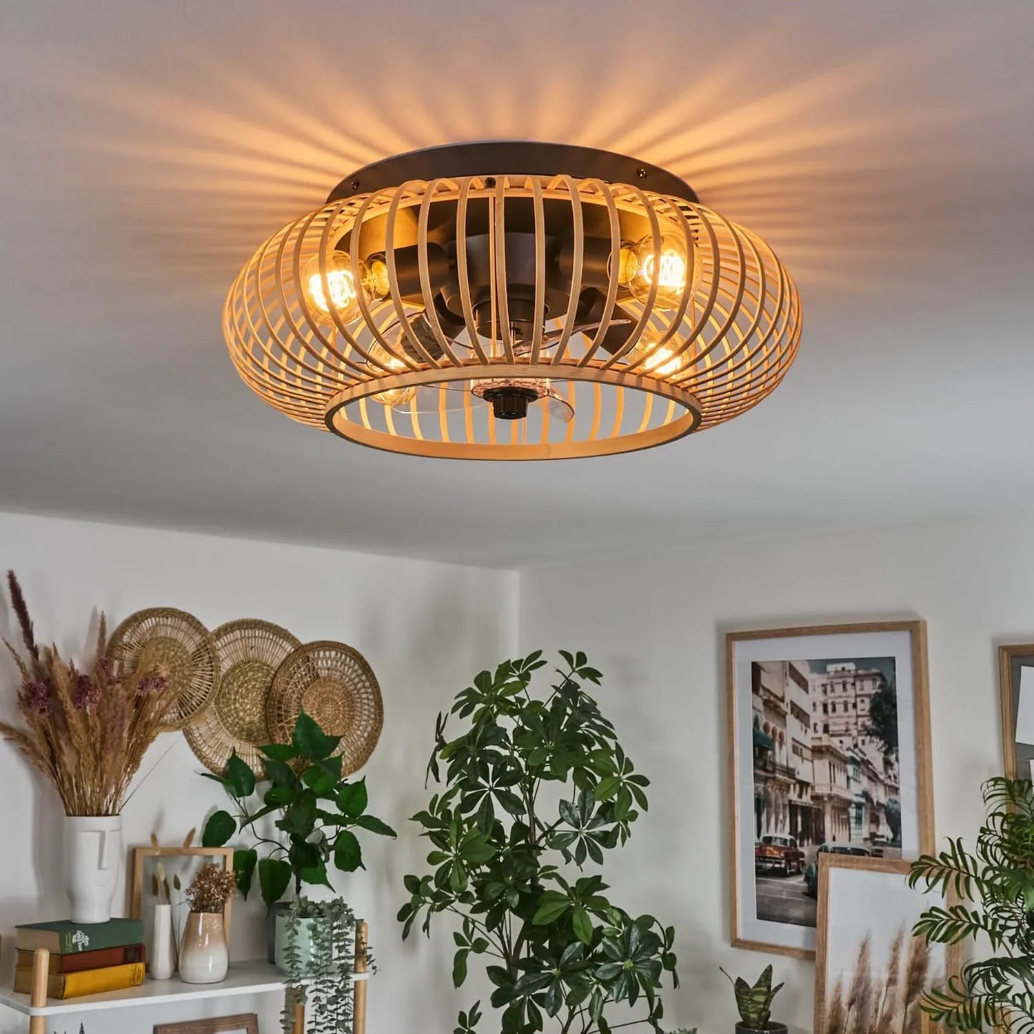 Moderner Deckenventilator Oravi aus Metall und Bambus mit Fernbedienung, Timer und Licht, Schwarz/Natur, 50 cm, E27