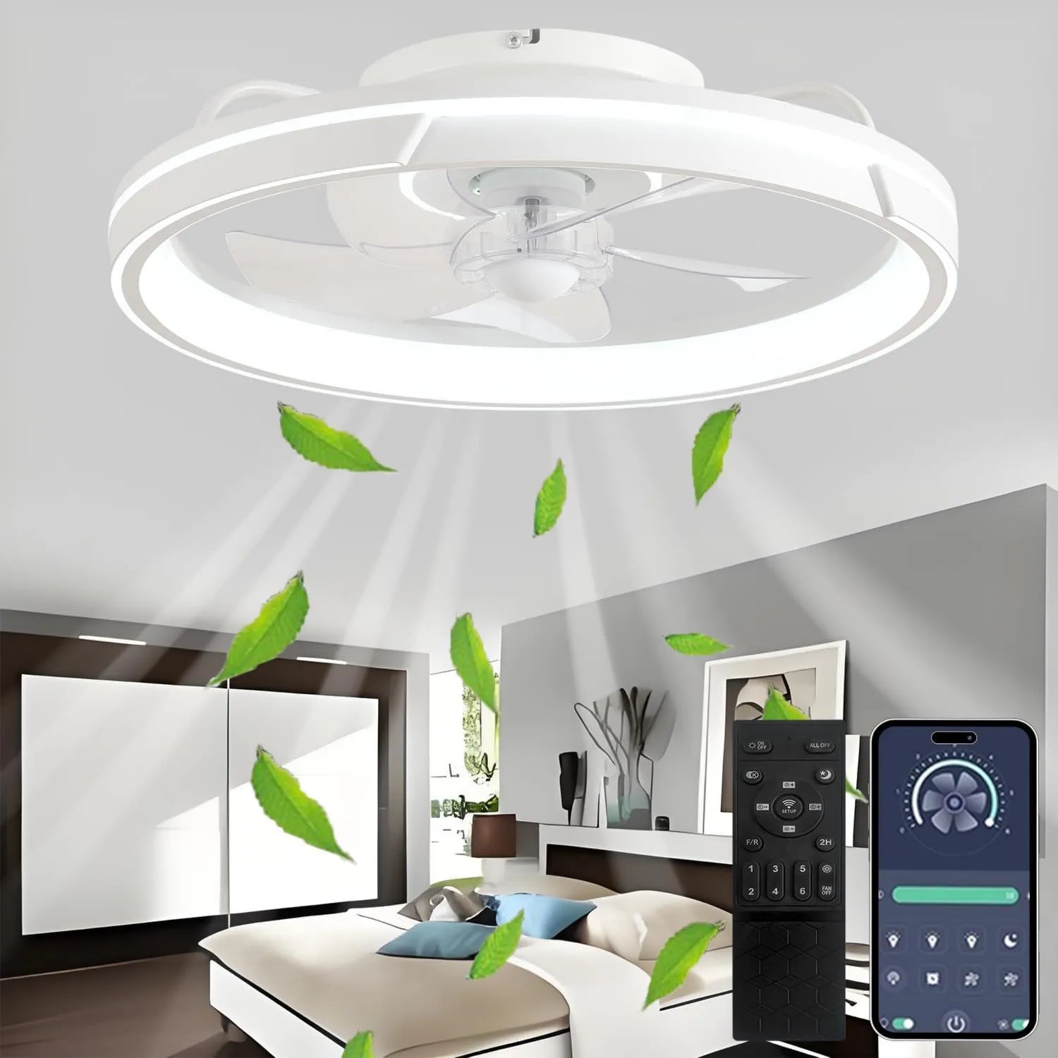 Leiser LED-Deckenventilator mit Fernbedienung und dimmbarer Beleuchtung, 64W, umkehrbar, 5 Flügel, 6 Geschwindigkeiten, Timer, Weiß