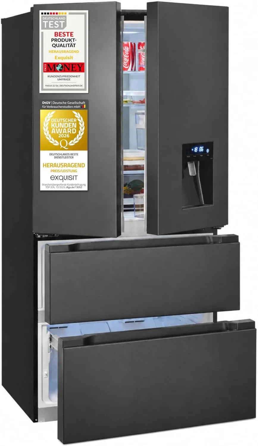 Hochwertiges Frenchdoor Kühl-Gefriergerät, 506 l, Energieklasse E, No Frost, Wasserspender, LED, Edelstahloptik