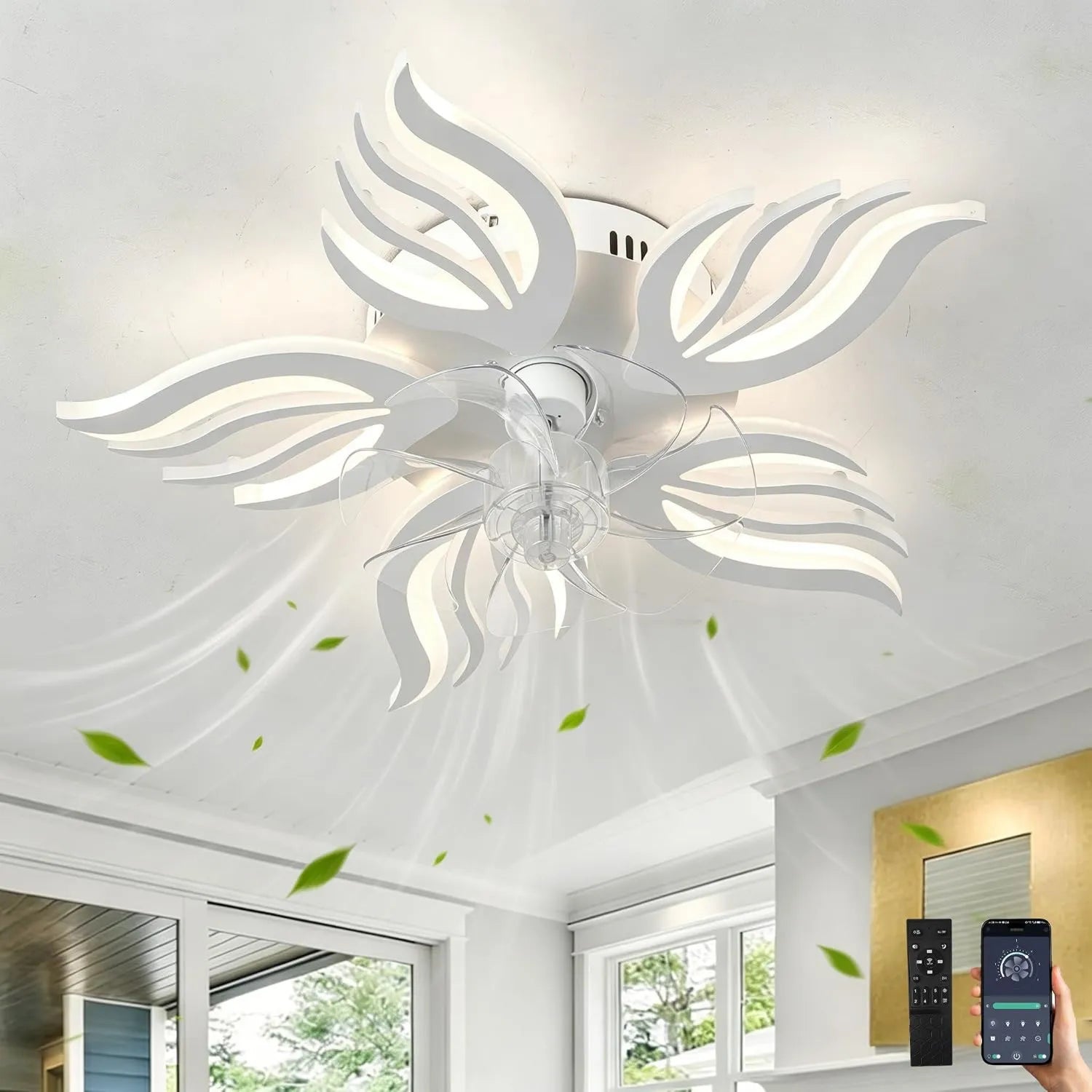 LED-Deckenventilator mit Fernbedienung und APP-Steuerung, dimmbar und umkehrbar, mit Memory-Funktion und Timer, ideal für Schlafzimmer und Wohnzimmer, Weiß