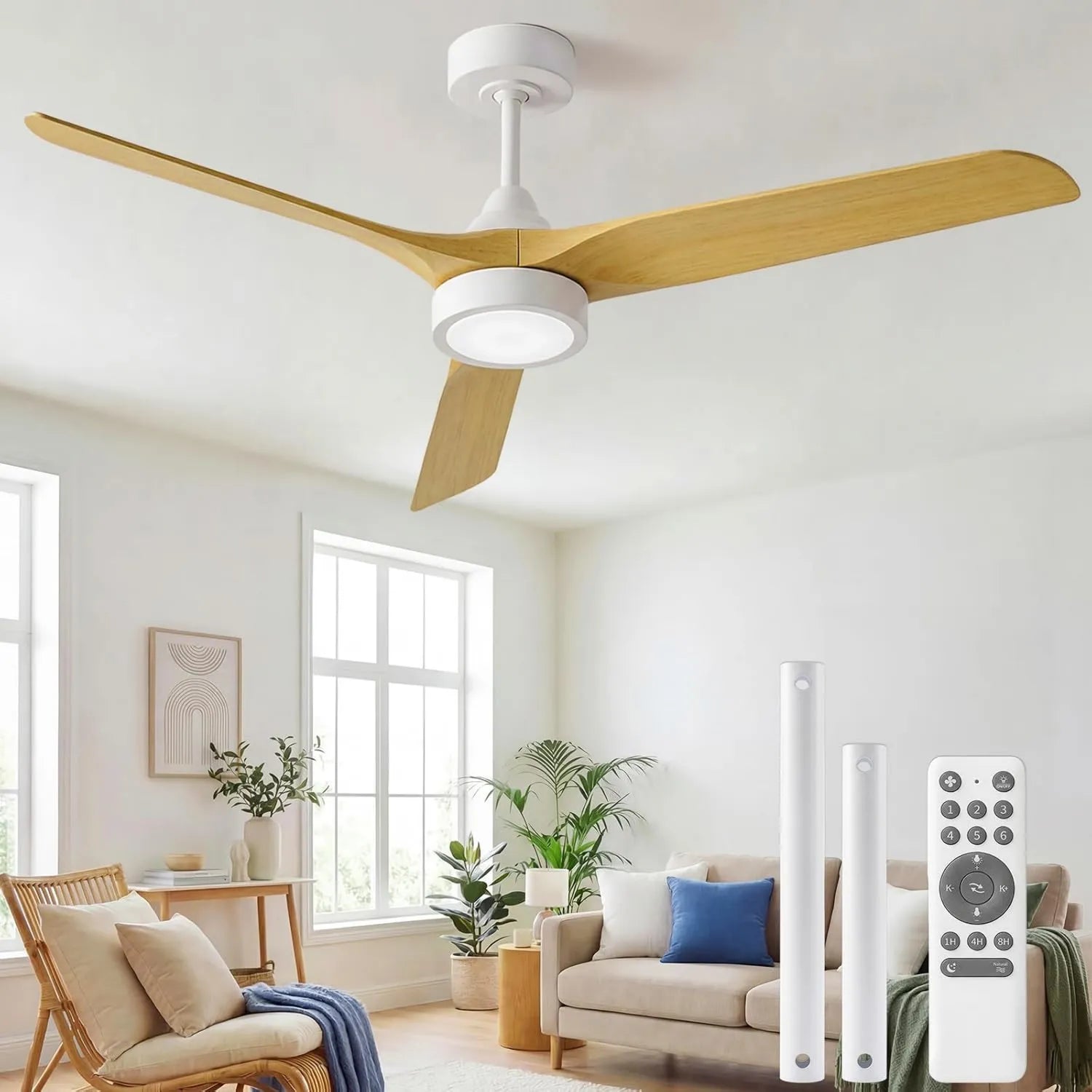 Ateroll 132CM Deckenventilator mit LED-Beleuchtung und Fernbedienung, leiser DC-Motor, 3 Lüfterblätter, 6 Stufen, Timer, Sommer-Winter-Modus