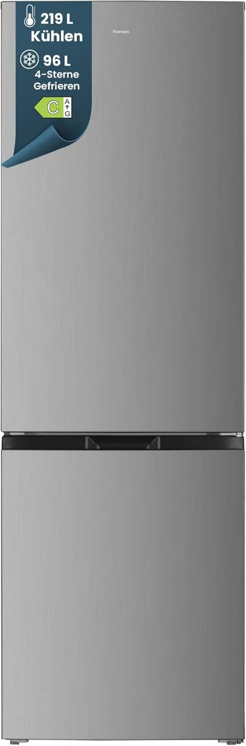 homeX Großer Kühlschrank mit 4-Sterne-Gefrierfach, freistehende Kombination, 315L, Super-Frost, leise, Energieklasse C, Silber