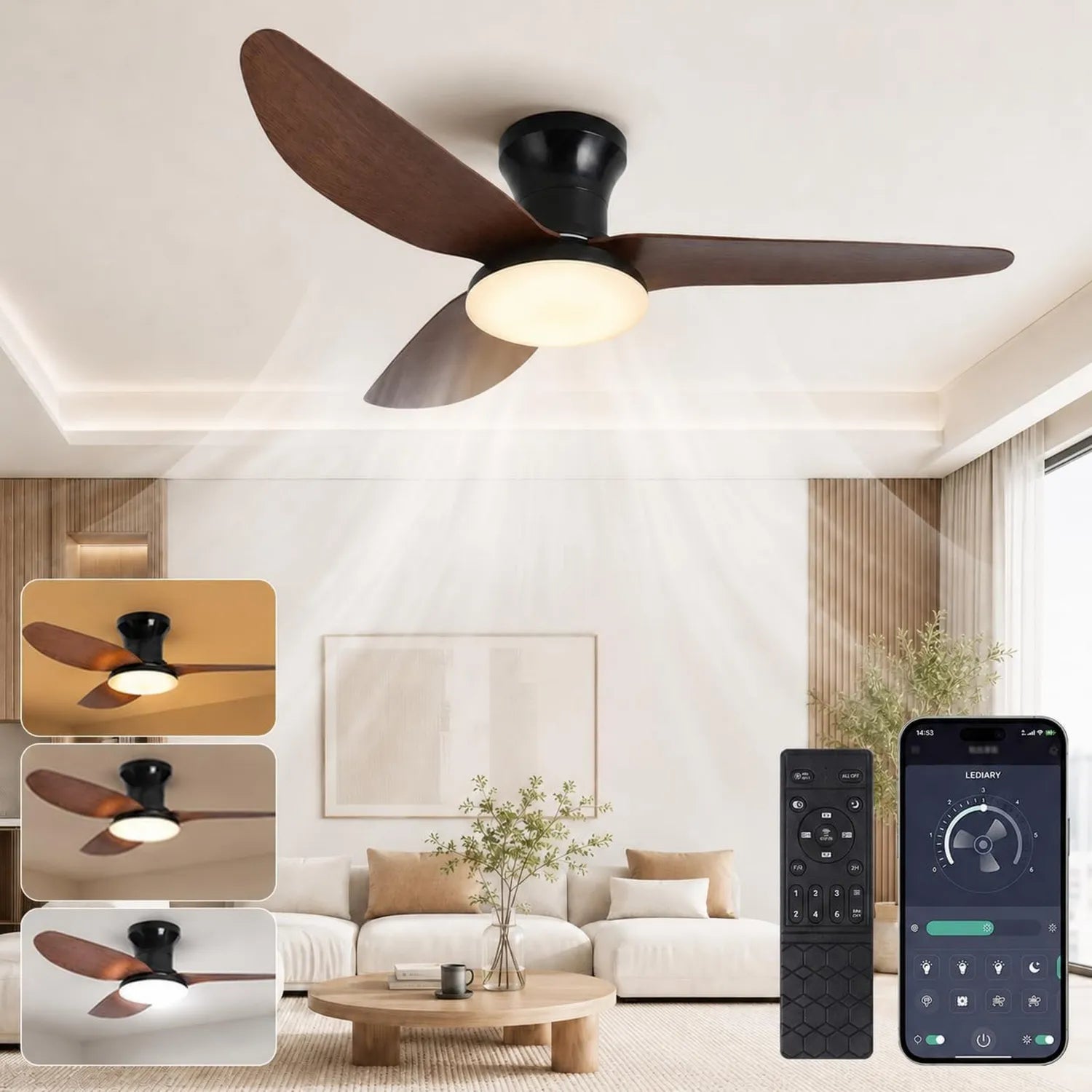 Leiser Deckenventilator mit Licht, Ø100 cm, App- & Fernbedienung, 6 Geschwindigkeiten, Dimmbar in 3 Farben, Timer, Reversibler DC-Motor, Sommer-Winter-Modus