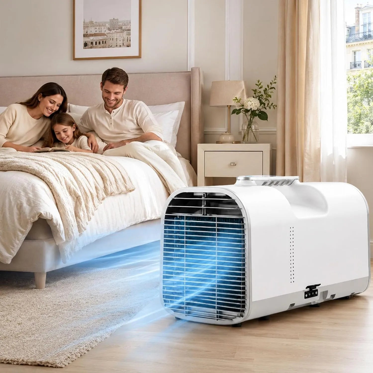 4-in-1 Tragbare Klimaanlage für Camping und Büro, Mobiler Luftkühler mit 4 Modi: Kühlen, Ventilieren, Entfeuchten, Schlafen, 1500W