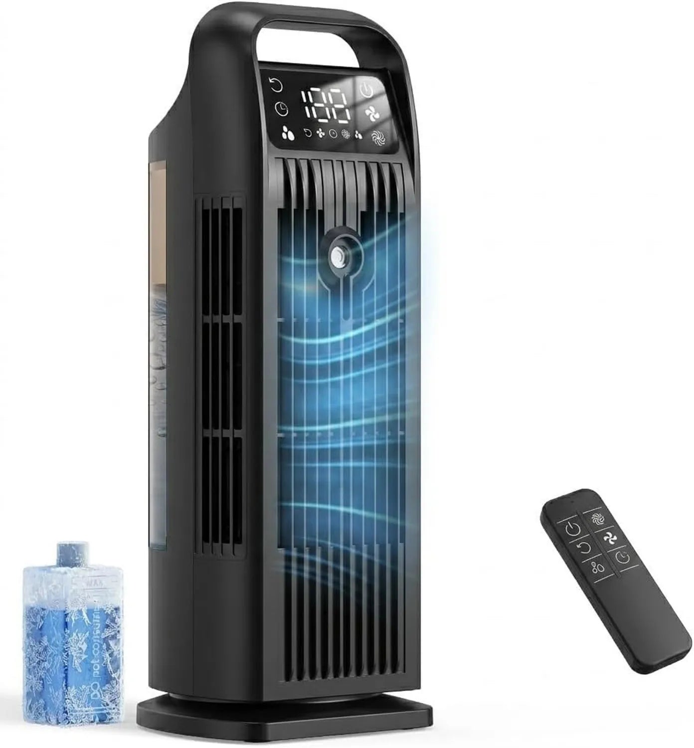 Tragbare 6-in-1 Klimaanlage ohne Abluftschlauch, Luftkühler mit Wasserkühlung, 1200ML Tank, 120° Oszillation, Timer bis 12 Stunden, Fernbedienung, Schwarz