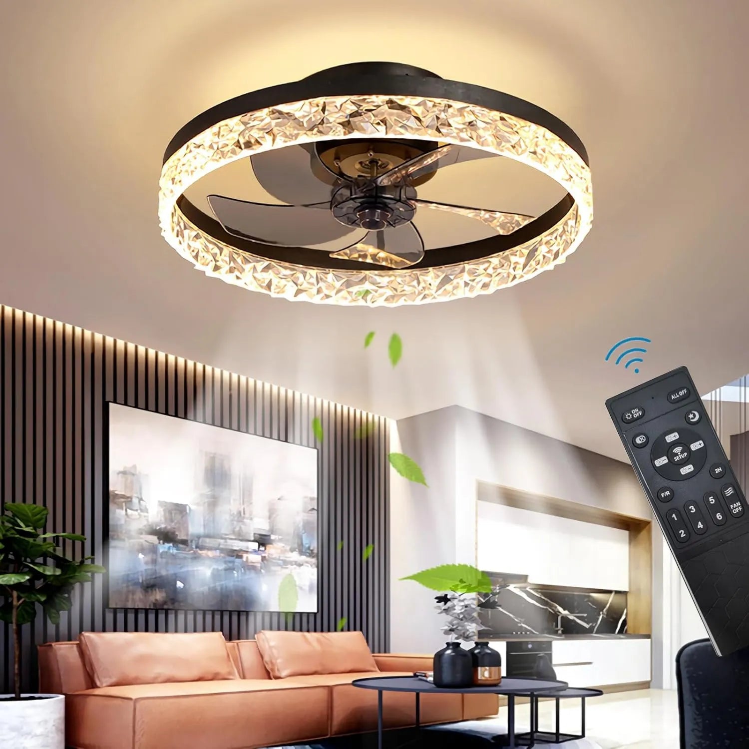 Moderner LED-Deckenventilator mit dimmbarer Beleuchtung und Fernbedienung, umkehrbar, leise, für Wohn- und Schlafzimmer (Schwarz, 50CM)