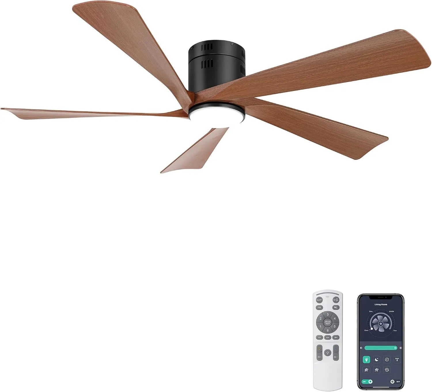 Moderner Deckenventilator mit LED-Beleuchtung, 132 cm, für Innen- und Außenbereich, Fernbedienung & App-Steuerung, Geräuscharmer DC-Motor, Walnuss-Holzoptik
