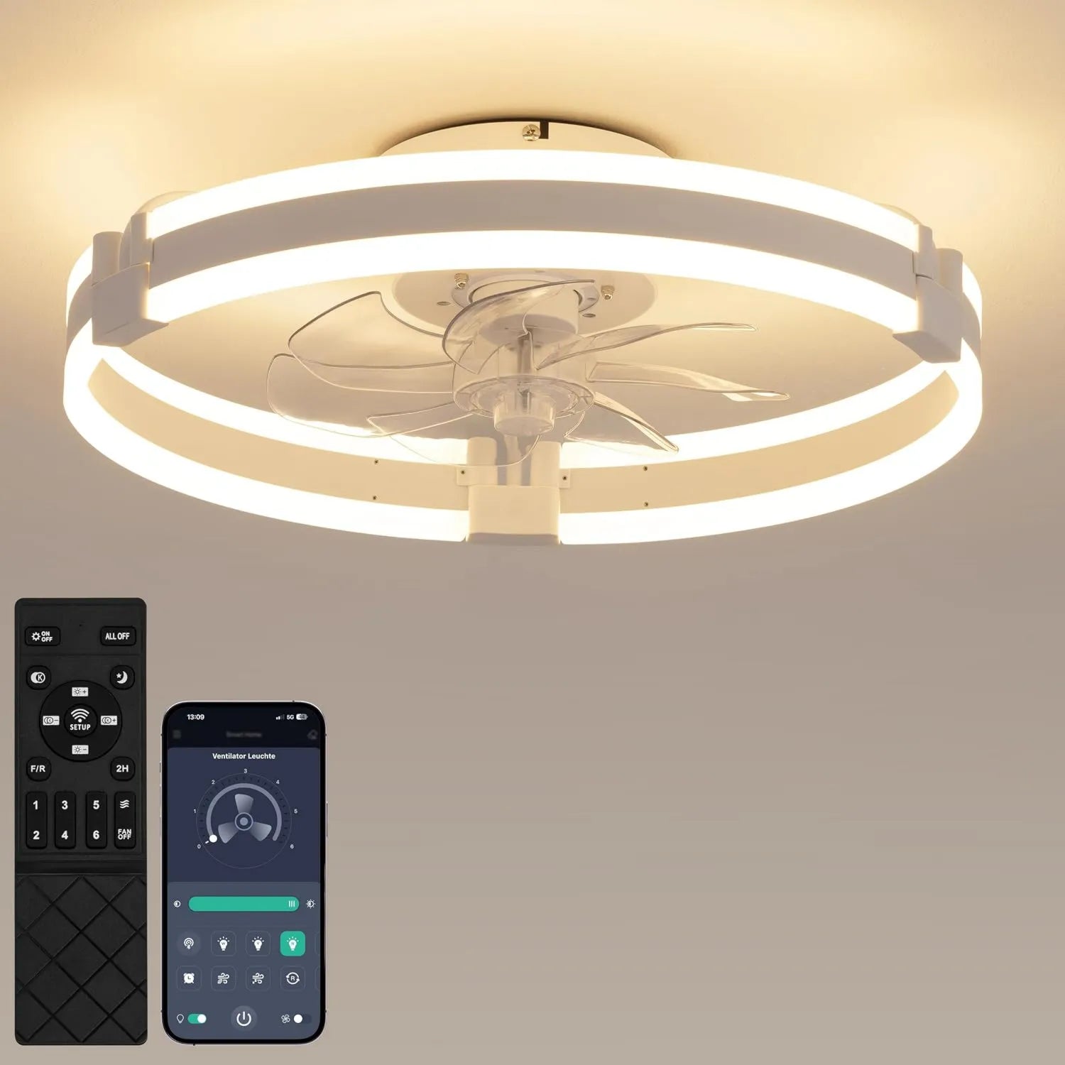 Moderner 50cm Deckenventilator mit dimmbarer LED-Beleuchtung, 6 Geschwindigkeiten, 3000-6000K, inklusive Fernbedienung und App-Steuerung, Timer-Funktion, für Schlafzimmer und Wohnzimmer, Weiß