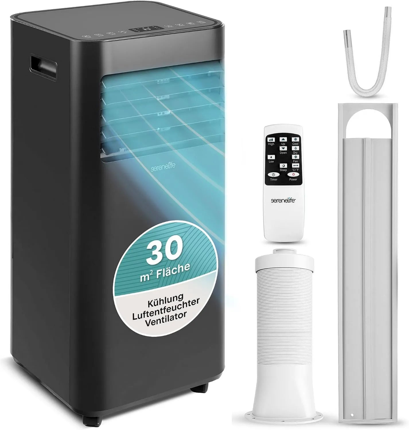 SereneLife Mobiles Klimagerät 9000 BTU mit 3-in-1 Funktion: Kühlung, Entfeuchtung und Ventilation, leise Betriebsweise mit 54 dB, inklusive Fensterkit und Fernbedienung