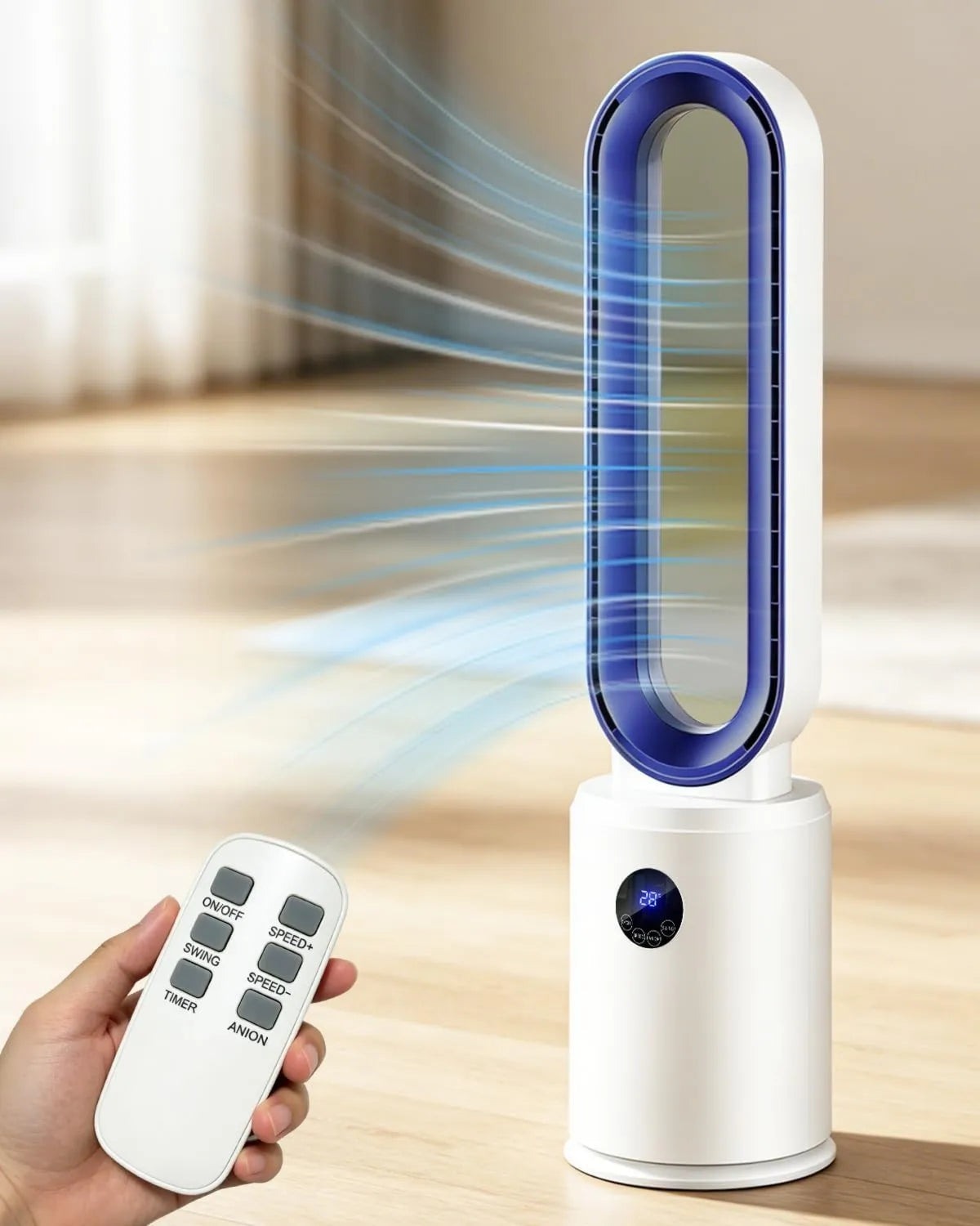Leiser Turmventilator mit Fernbedienung, 24 Stufen, oszillierend mit LED-Anzeige, energiesparender DC-Motor, 12h Timer, Luftreiniger, ideal für Schlafzimmer und Büro (Blau)