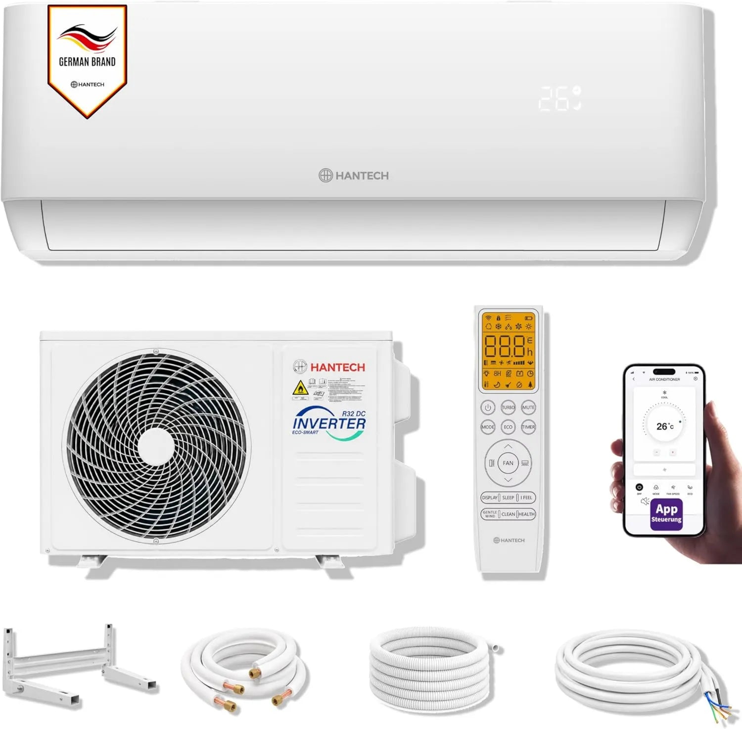 HANTECH H-PRO Split-Klimaanlage 9000 BTU, Heizen & Kühlen, WIFI, Luftfilter, Montagezubehör, für Räume bis 30m²