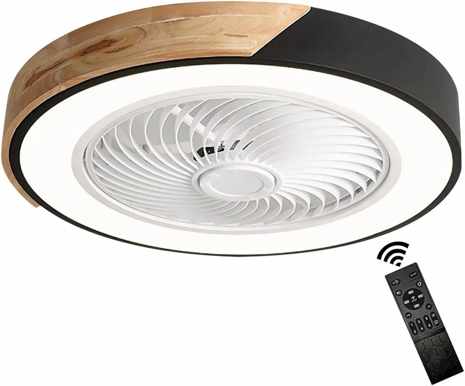 Moderner LED-Deckenventilator aus Holz mit unsichtbaren Flügeln und Timerfunktion