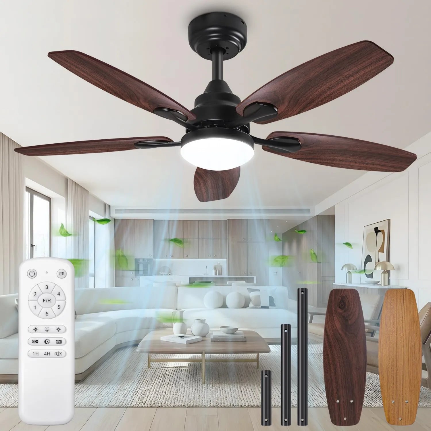 Leiser Deckenventilator 106cm mit dimmbarer LED und Fernbedienung, 6 Geschwindigkeiten, 5 Flügel, für Schlafzimmer, Wohnzimmer und Büro