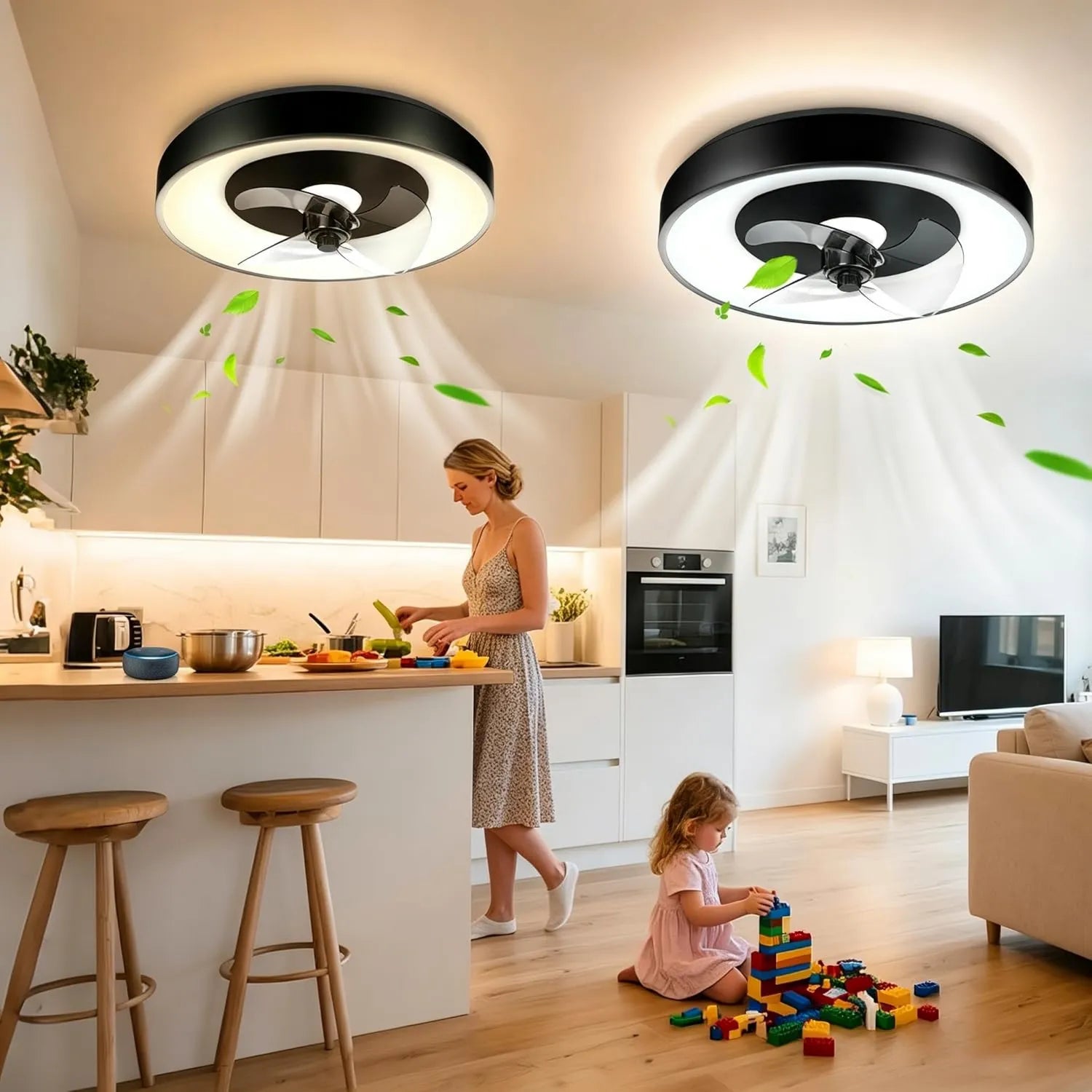 Intelligenter Deckenventilator mit LED-Beleuchtung, Alexa-kompatibel, Dimmbar, 6 Geschwindigkeiten, Ø50CM, Fernbedienung und Gateway, 2er-Set