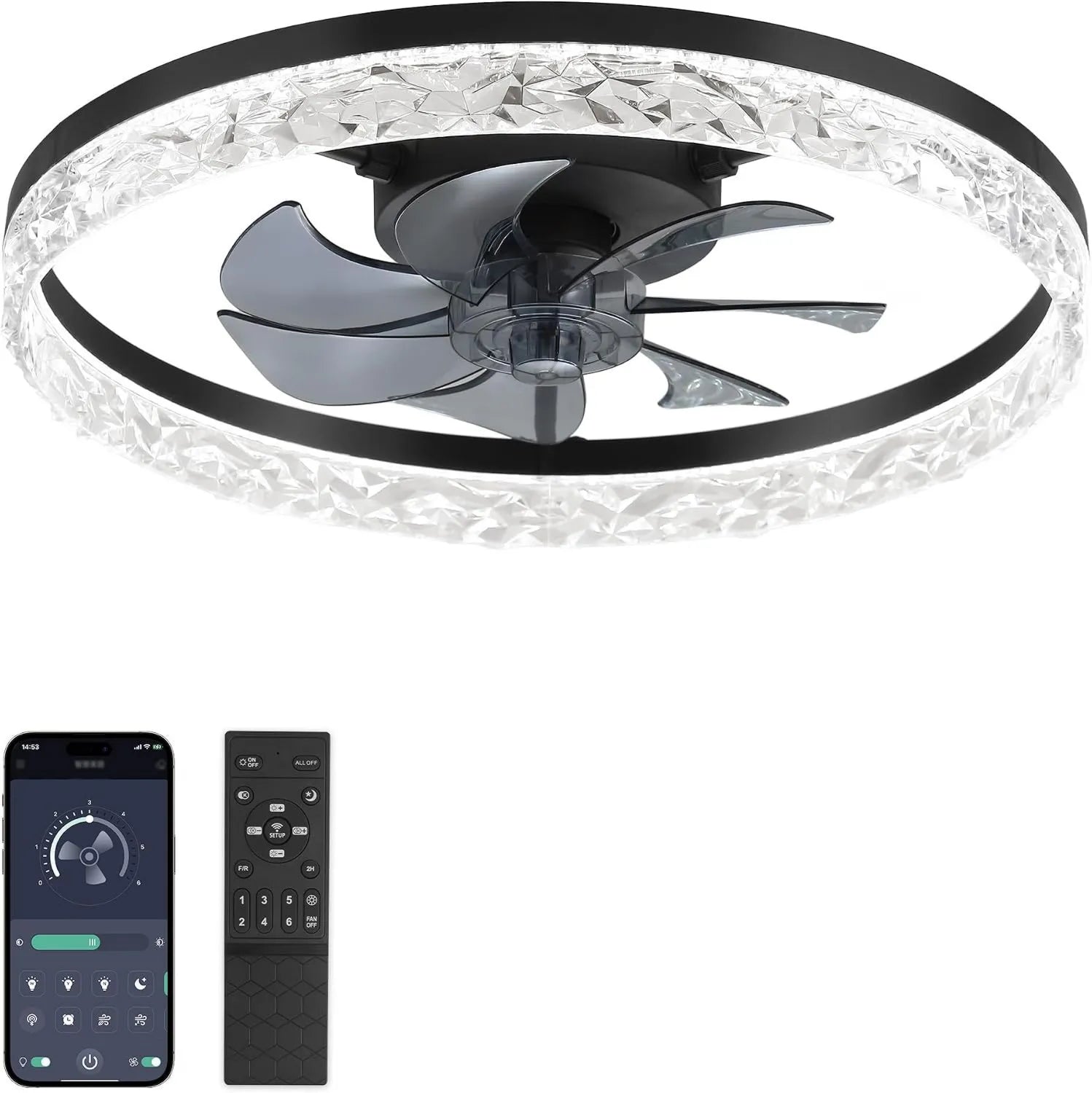 Moderner LED-Deckenventilator mit dimmbarer Beleuchtung, Ø50,8 cm, 6 Geschwindigkeiten, App- und Fernbedienung, ideal für Wohn- und Schlafzimmer, Schwarz