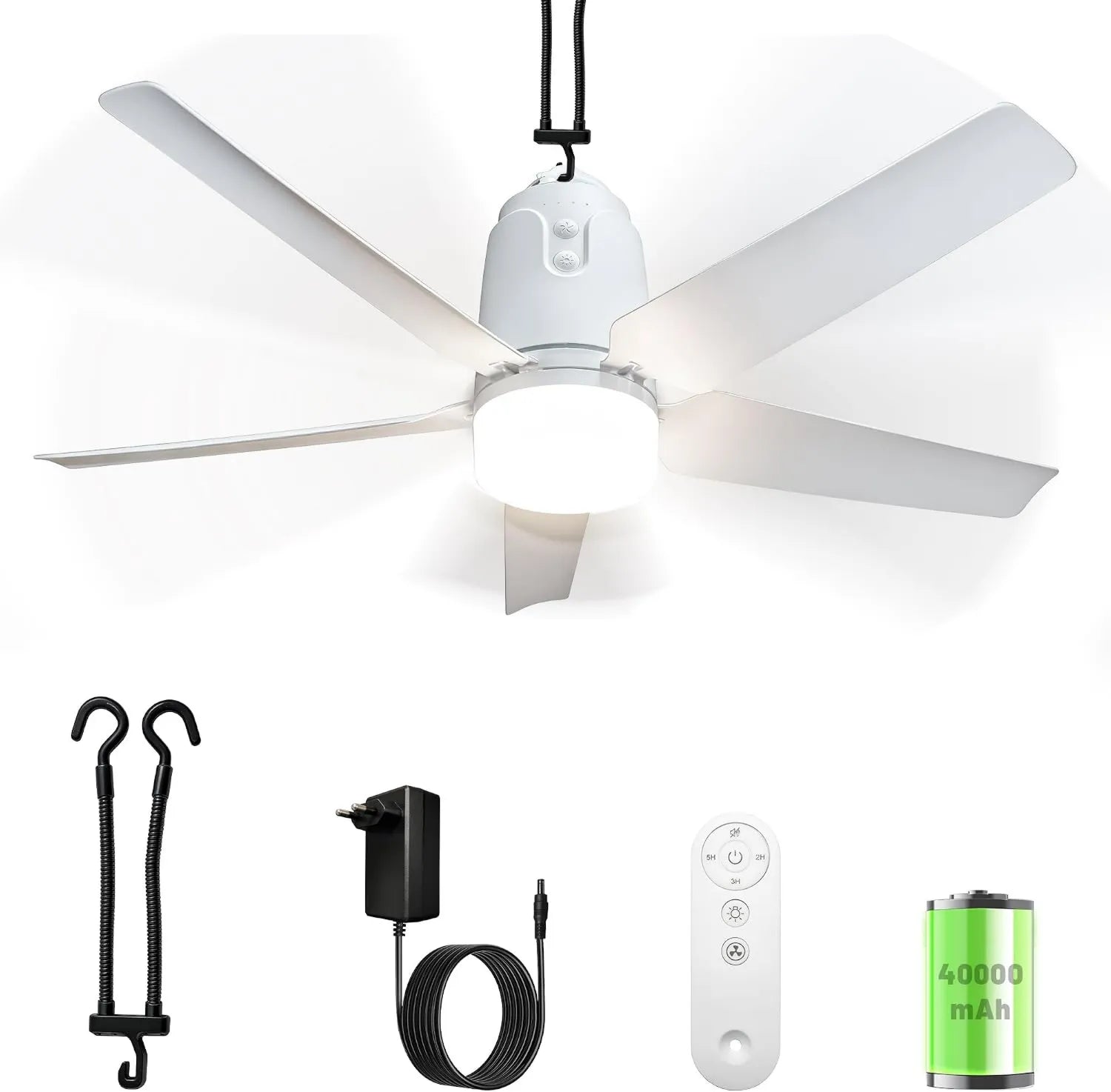 Mobiler Deckenventilator mit Akku und Beleuchtung, 80 cm, 40000mAh, für Outdoor, dimmbar 3000K-6000K, inkl. Fernbedienung und Haken, ideal für Camping und Terrasse