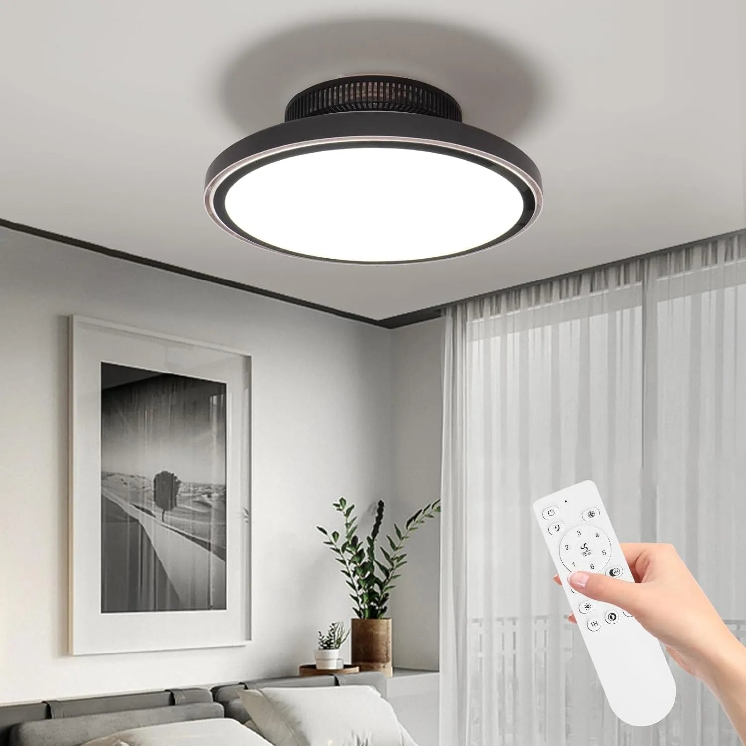 Moderner Deckenventilator mit LED-Beleuchtung und Fernbedienung, Flüsterleise, Dimmbar 3000-6000K, 6 Geschwindigkeiten, Timer, Schwarz