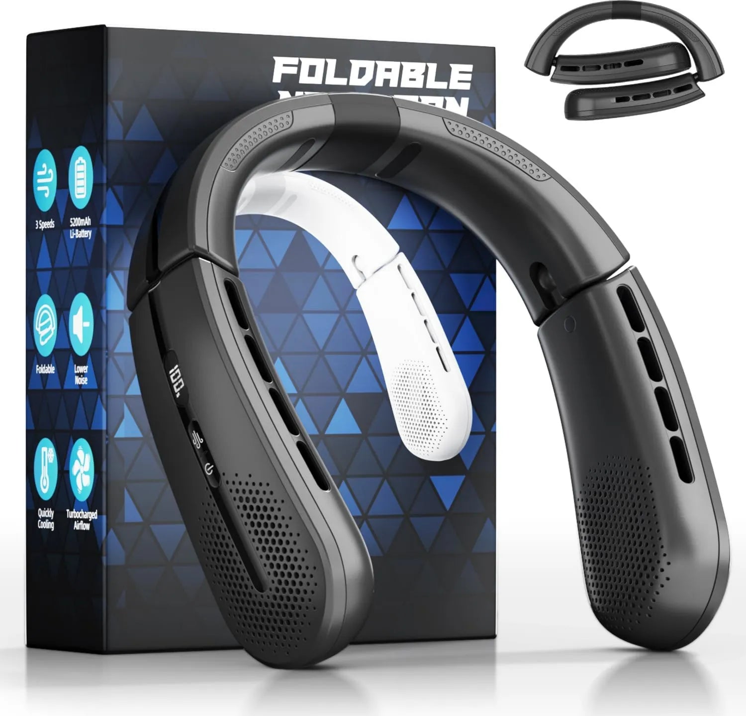 ChillGo Tragbarer Nackenventilator 5200 mAh, Faltbares USB-Klimagerät, Laufzeit bis 12 Stunden, leiser Betrieb, ideales Geschenk für Frauen und Männer, Schwarz