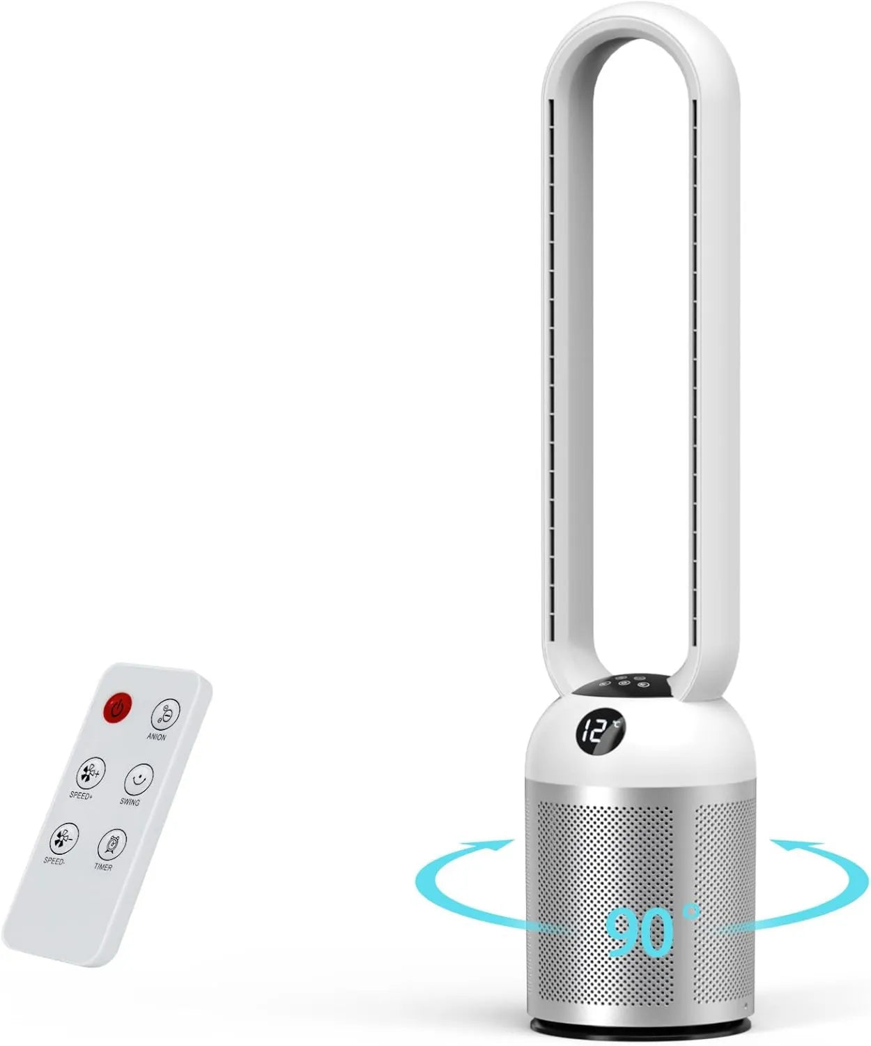 Leiser YAZEKY Turmventilator mit 24 Stufen, Energiesparender DC-Motor und Fernbedienung, 12-Stunden-Timer, 99cm und 90° Oszillation für Schlafzimmer und Büro in Silber