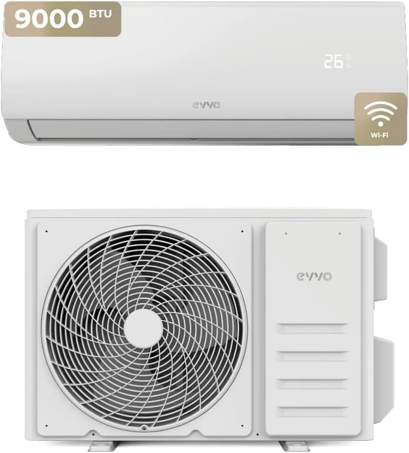 EVVO Klimaanlage Splitgerät mit WLAN, Kühlung & Heizung, Inverter, Wärmepumpe, Energieeffizienz A++/A+, Entfeuchter, Kältemittel R32 (9.000 BTU)