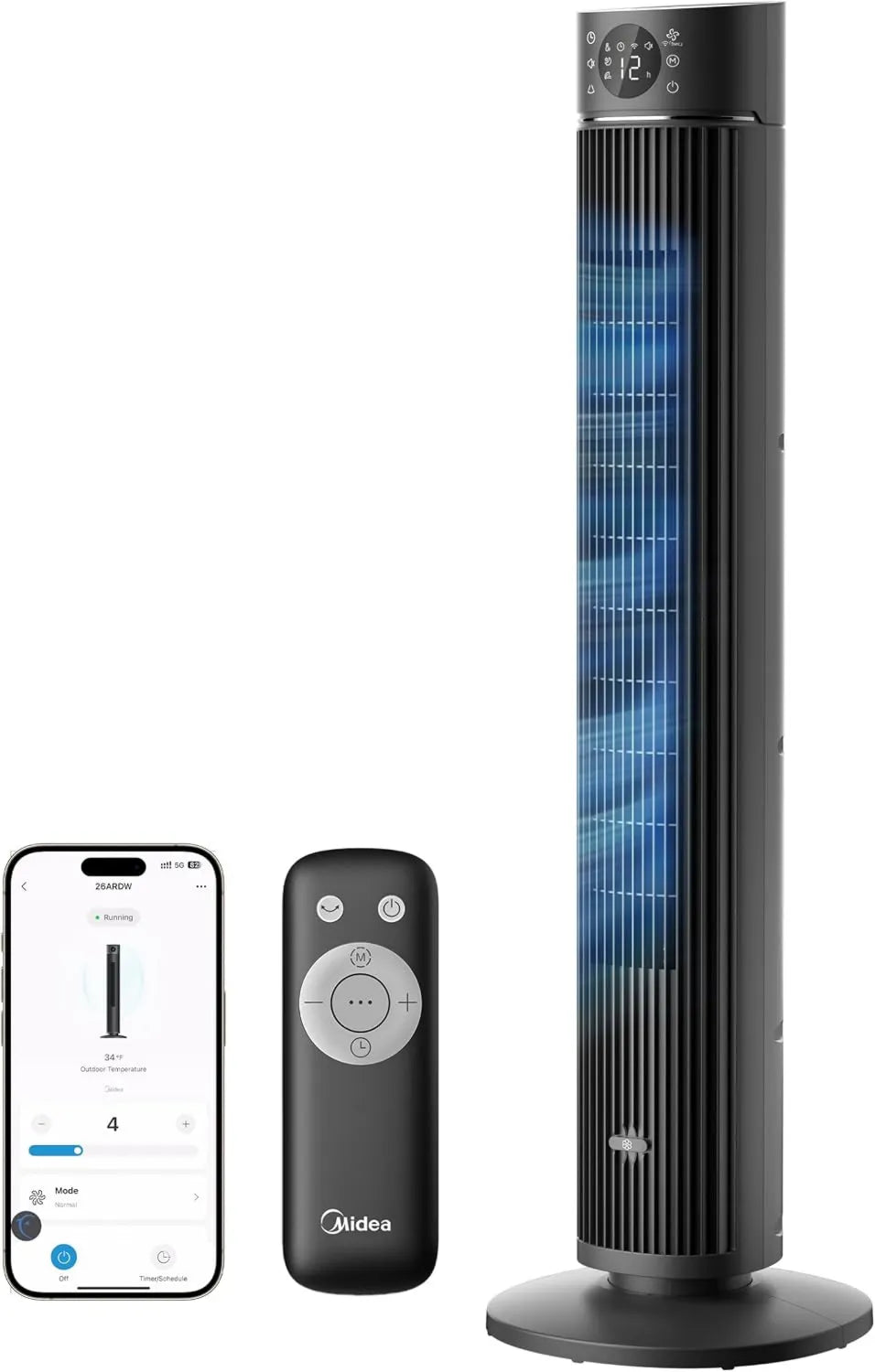Midea Leiser Turmventilator mit Fernbedienung, 19 dB, DC-Motor, 4 Modi, 12 Geschwindigkeiten, 24h Timer, App-Steuerung, Schwarz, 105cm