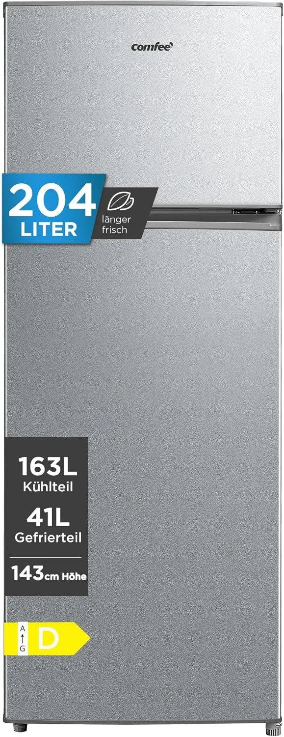 Comfee' Freistehender Kühl-Gefrierschrank 204L, Silber, Energieeffizient