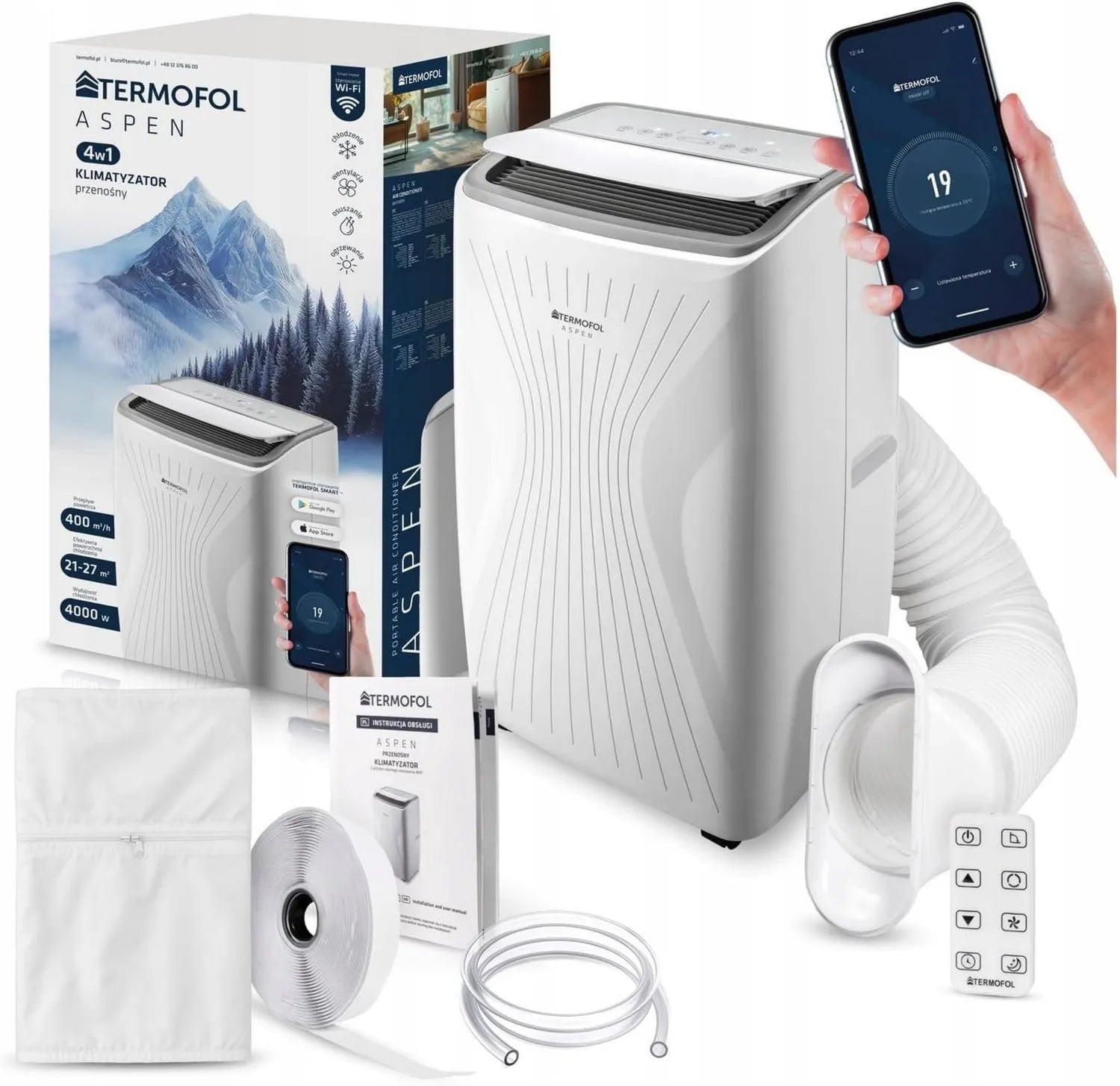 Hochleistungs-Mobile Klimaanlage 4in1 mit WLAN – Kühlung, Entfeuchtung, Lüftung, Heizung – Energiesparendes Smart-Gerät in Weiß