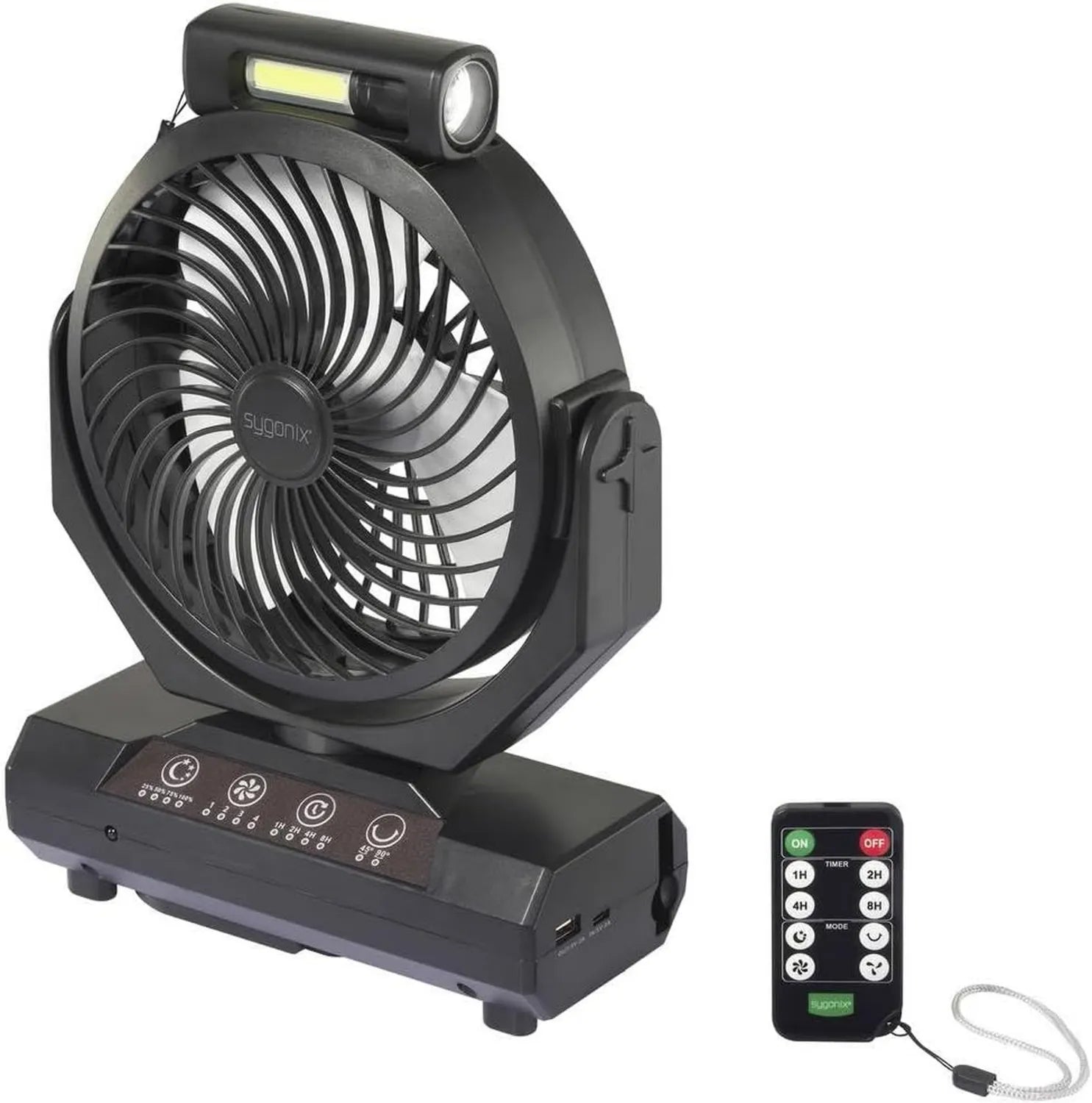Sygonix Akku-Ventilator 205 mm Schwarz, Wiederaufladbar, Beleuchtung, Oszillation, Fernbedienung inklusive