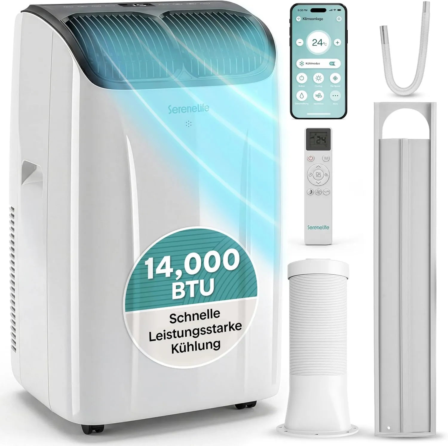 Tragbare Klimaanlage 14000 BTU mit WLAN – Kühlung, Entfeuchtung & Ventilator für Räume bis 33 m², leise 51 dB