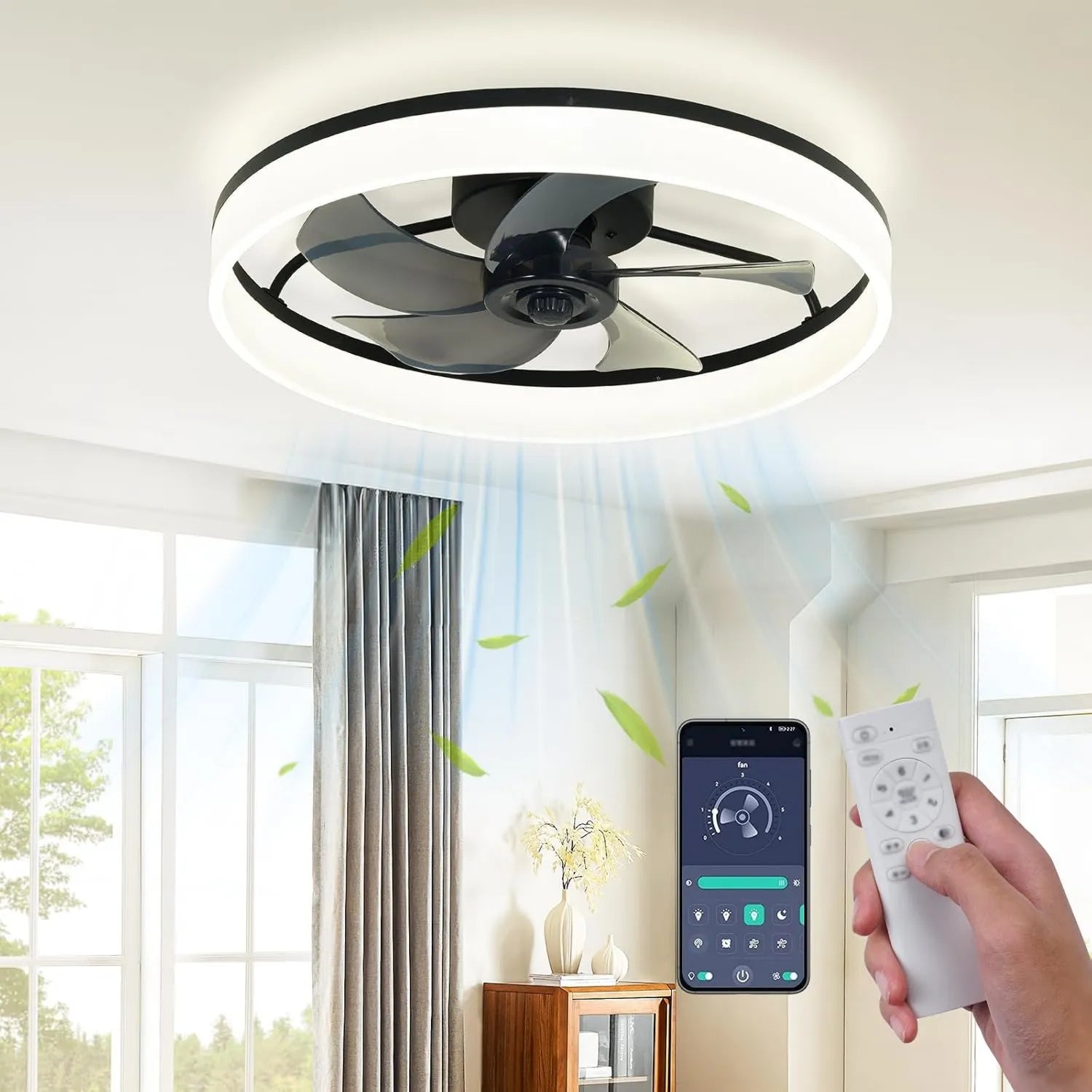 Moderne LED-Deckenventilatorleuchte mit Fernbedienung, 50 cm, leise, 3 Farbtemperaturen und 6 Geschwindigkeiten, dimmbar über App