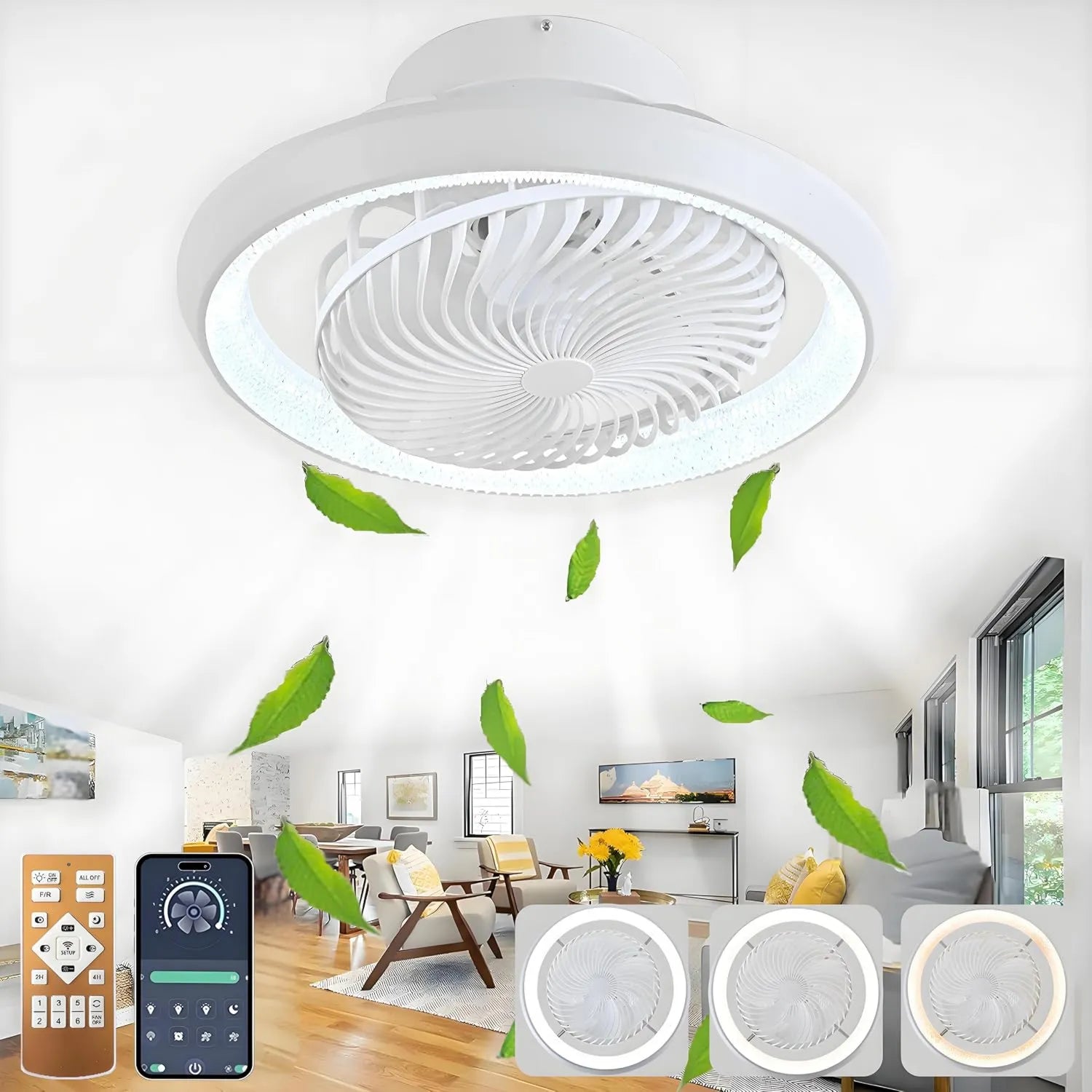 Energiesparender LED Deckenventilator mit Fernbedienung, 75W, Geräuscharm, 6-Stufen-Timer, 360° drehbar, Reversibler Luftstrom, Weiß
