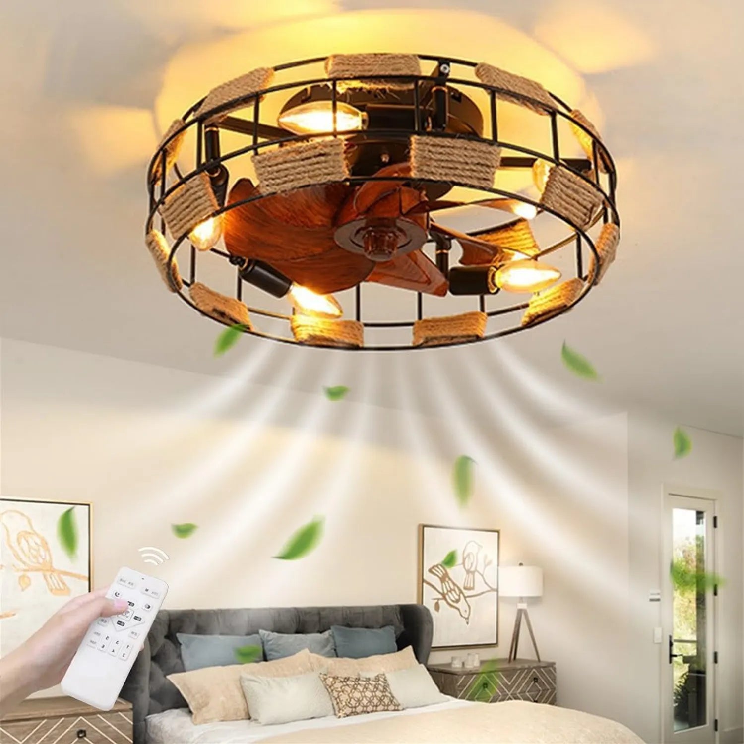 Retro Deckenventilator mit Beleuchtung und Timer, Leise E27 Lampe, Eisenkunst & Hanfseil, 46W, 6-Stufenregelung, Ideal für Schlafzimmer und Wohnzimmer