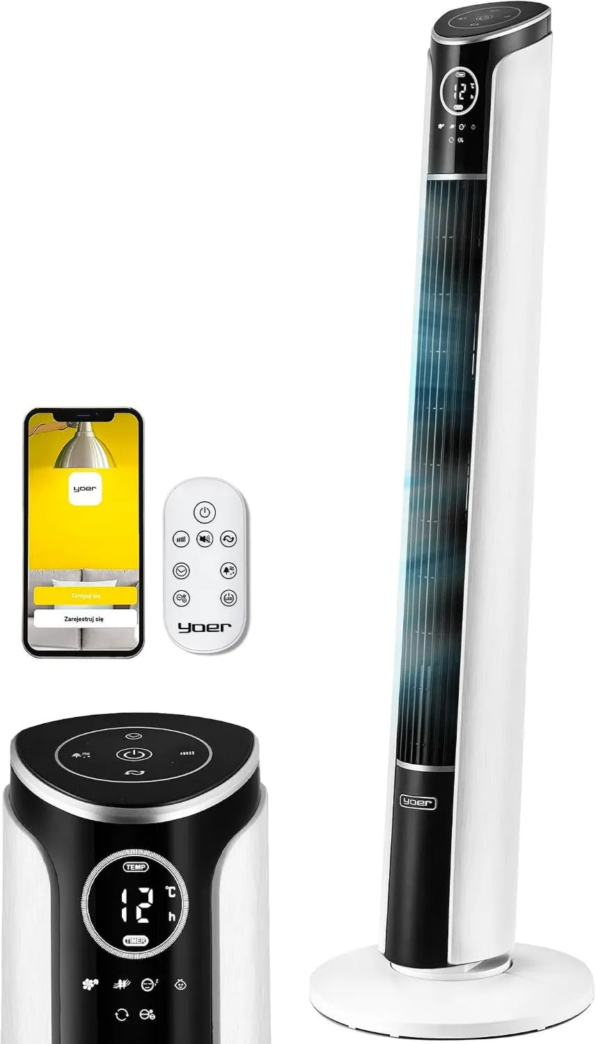 Yoer Leiser Turmventilator mit Ionisator, 10 m Reichweite, Neigungswinkel, 12 Geschwindigkeitsstufen, 4 Modi, Timer bis 12 Std., 90° Oszillation, inkl. Fernbedienung, Modell TF01W, Weiß