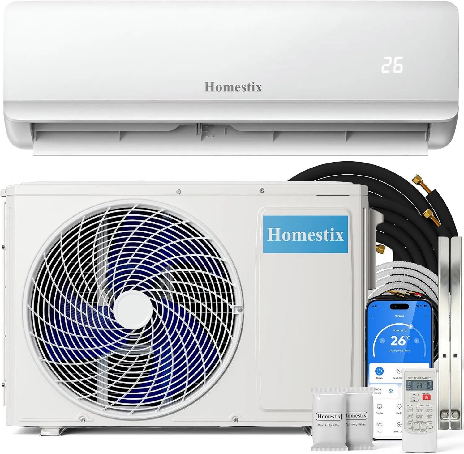 Leise Split-Klimaanlage 12000 BTU, 4-in-1 Funktion: Heizen, Kühlen, Entfeuchten, Lüften, für Räume bis 75 m², mit Fernbedienung und App-Steuerung, 24h-Timer, Schlafmodus, ECO-Energiesparmodus, inkl. Montageset