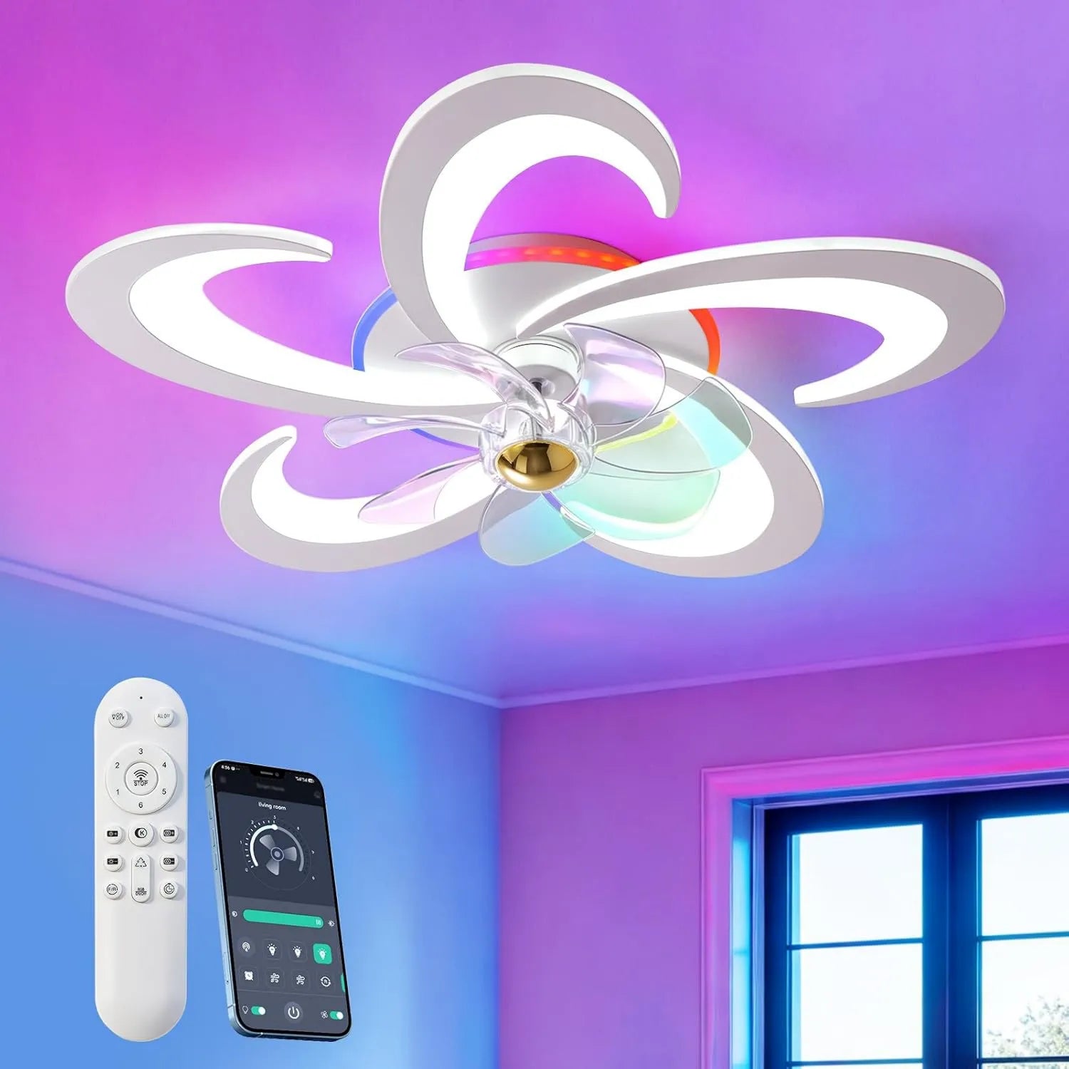 Leiser RGB Deckenventilator mit Beleuchtung, Dimmbar und Fernbedienung, App-Steuerung, 6 Geschwindigkeiten, Ideal für Schlafzimmer und Wohnzimmer